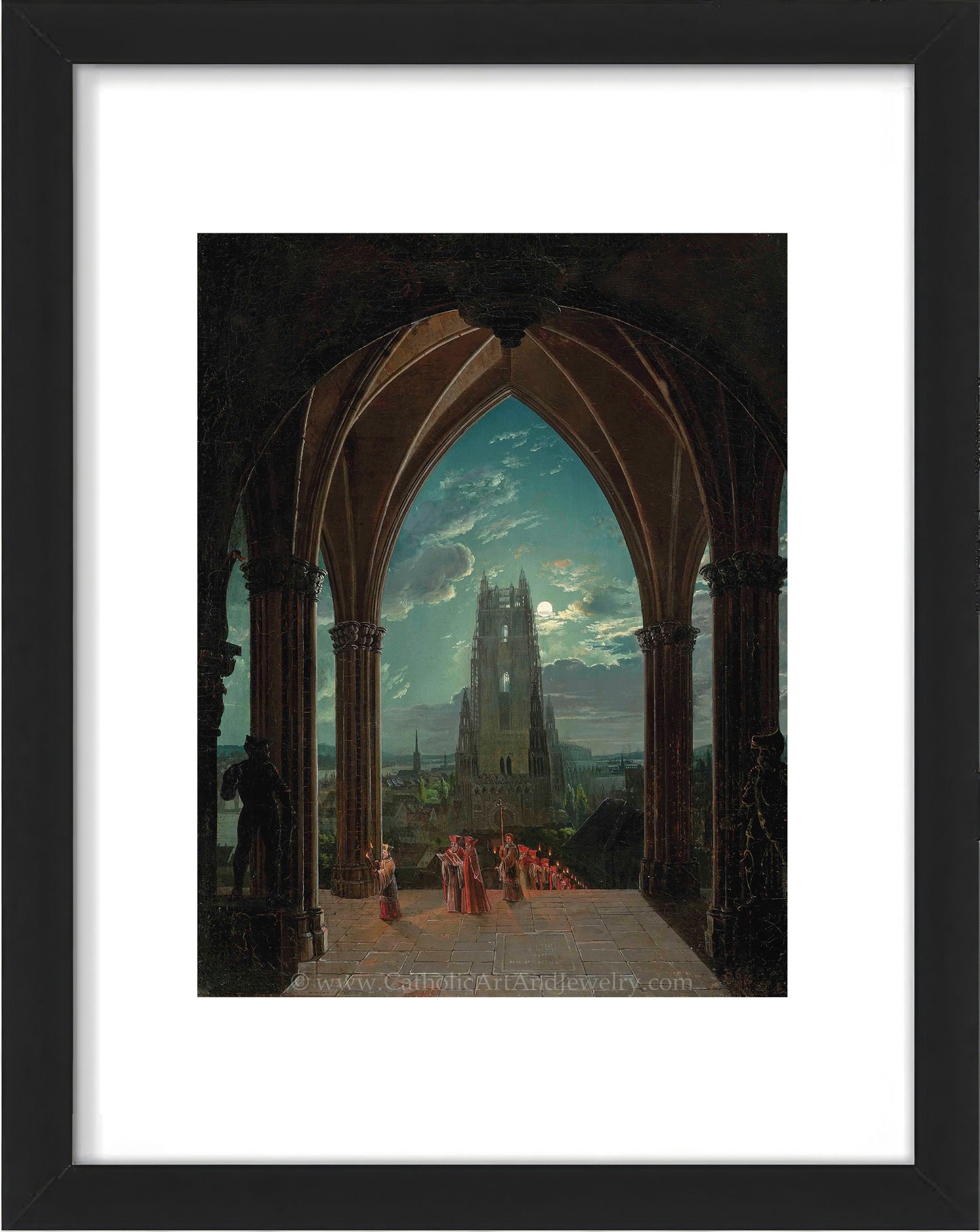 a painting of a cathedral with people standing in front of it