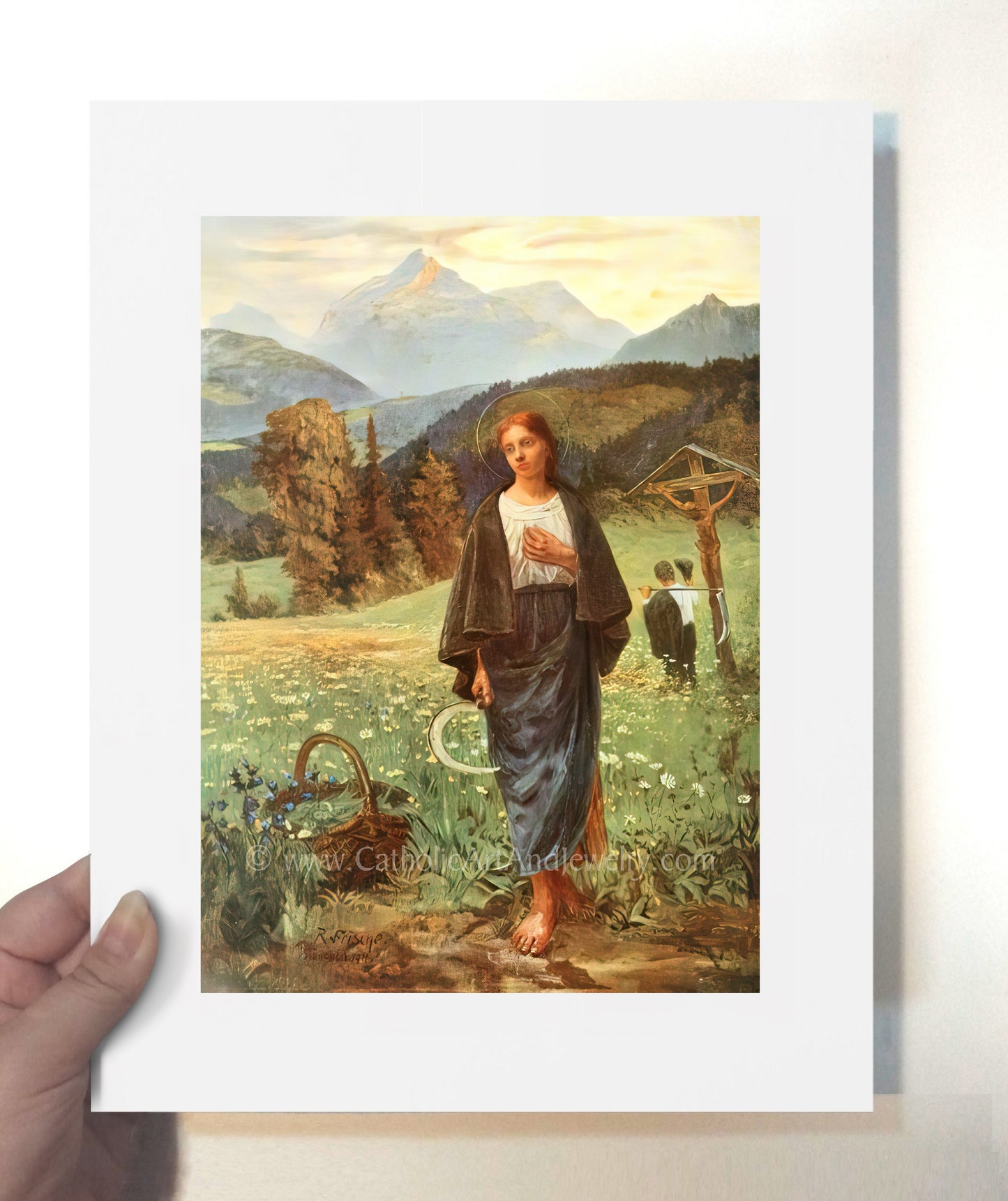 a painting of a woman standing in a field