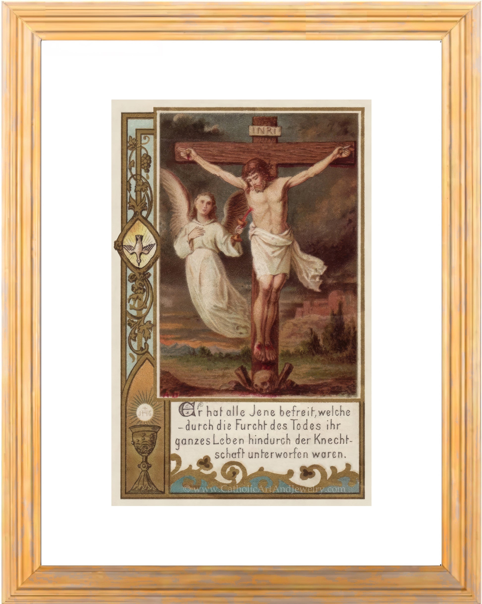 a painting of jesus on the cross with an angel