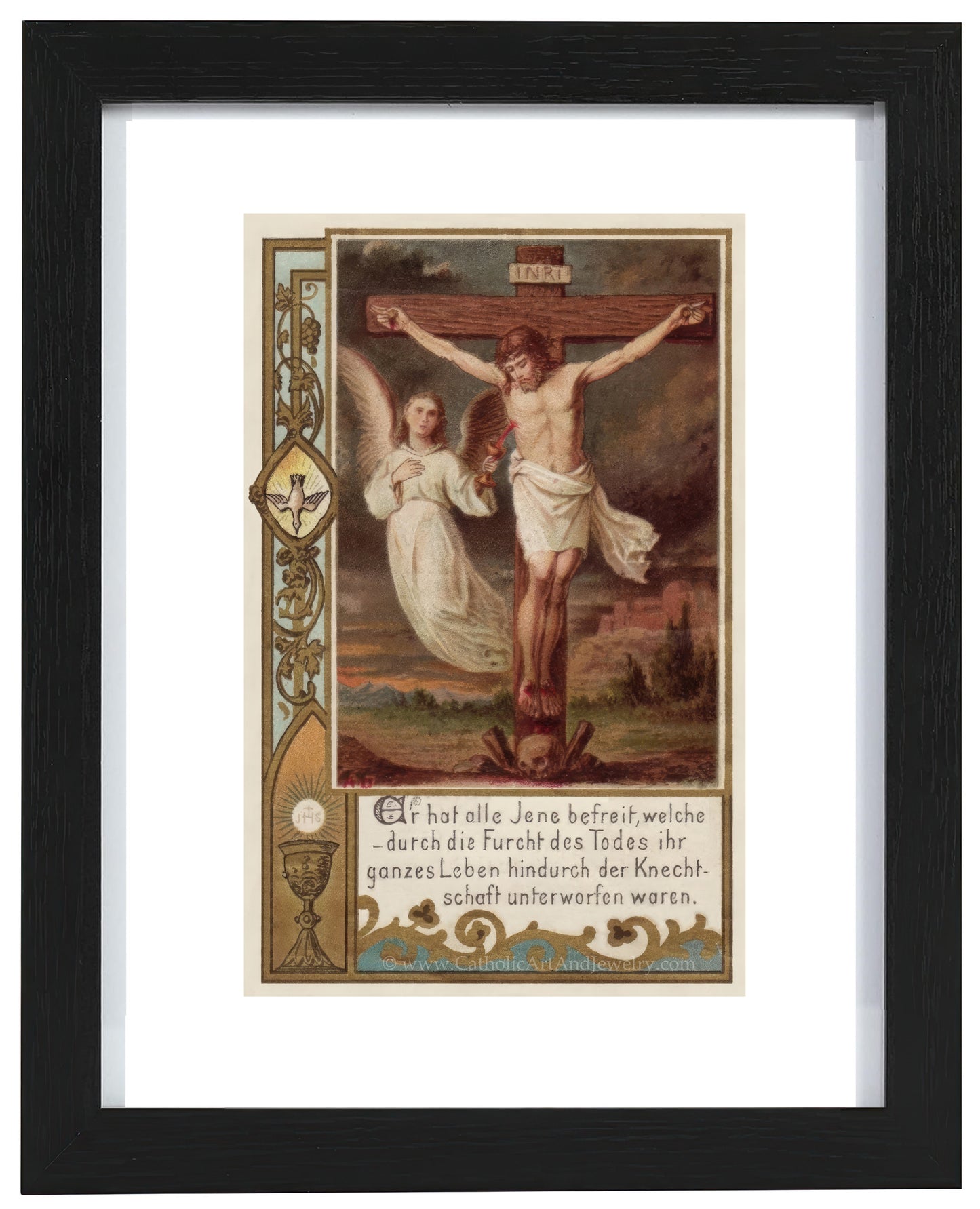 a painting of jesus on the cross with an angel