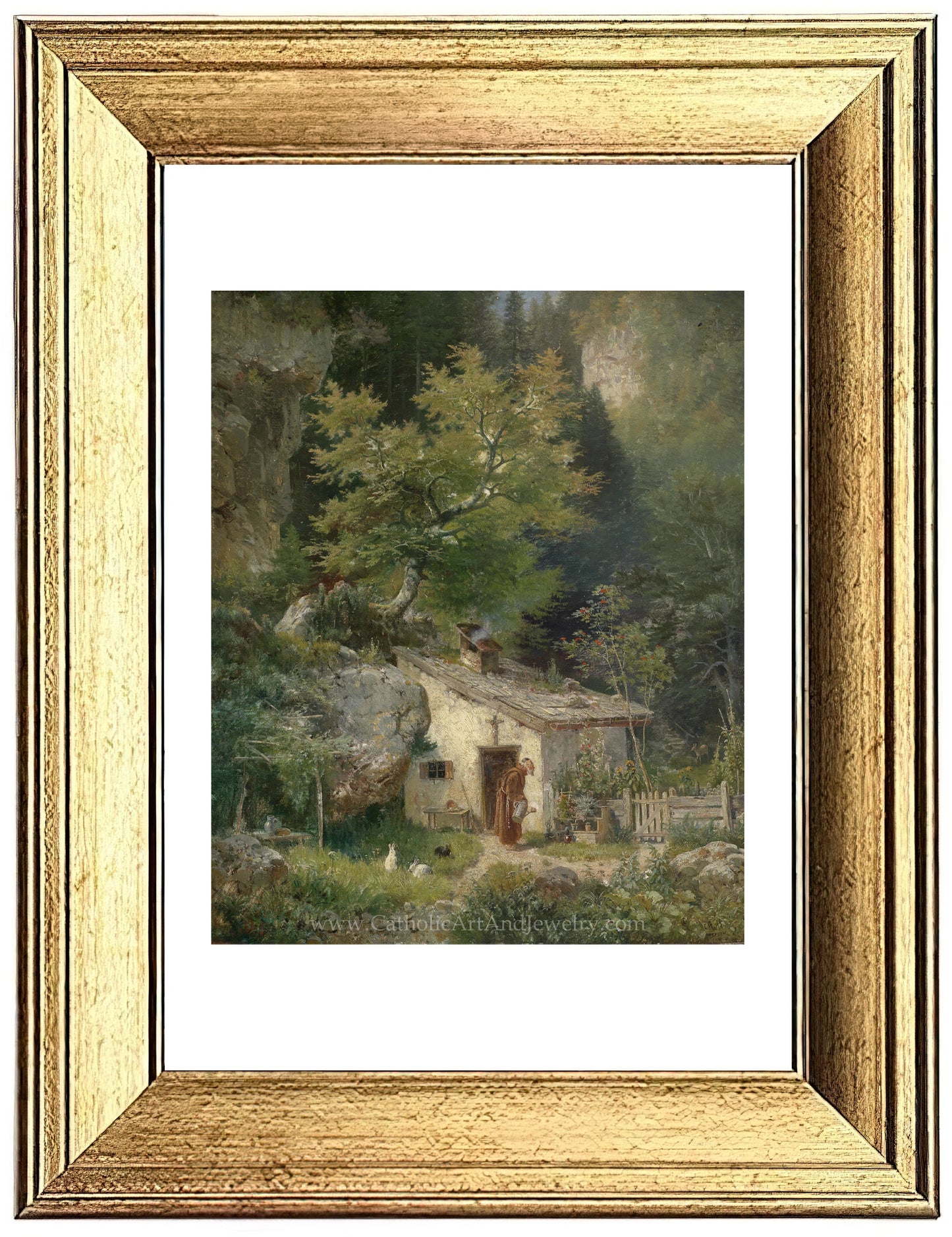 a painting of a cottage in a forest