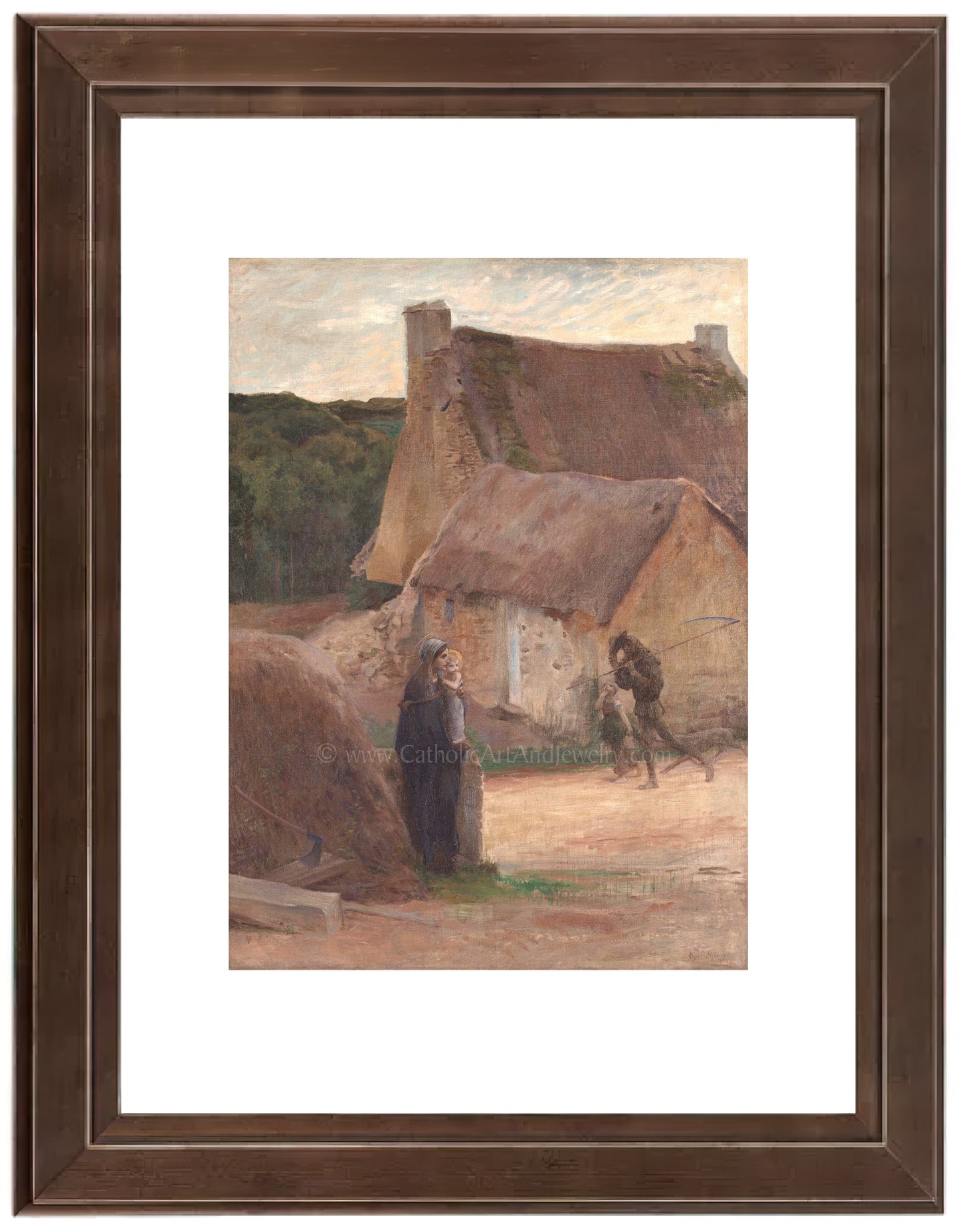 a painting of a man and a woman outside a cottage