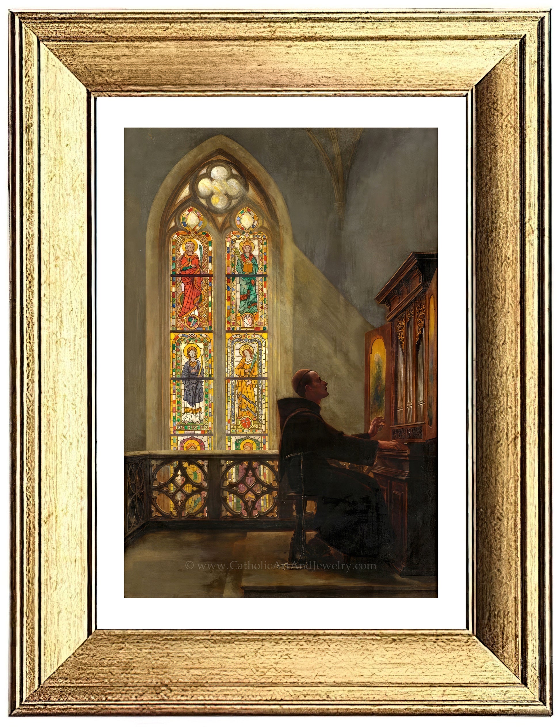 a painting of a man sitting in front of a stained glass window