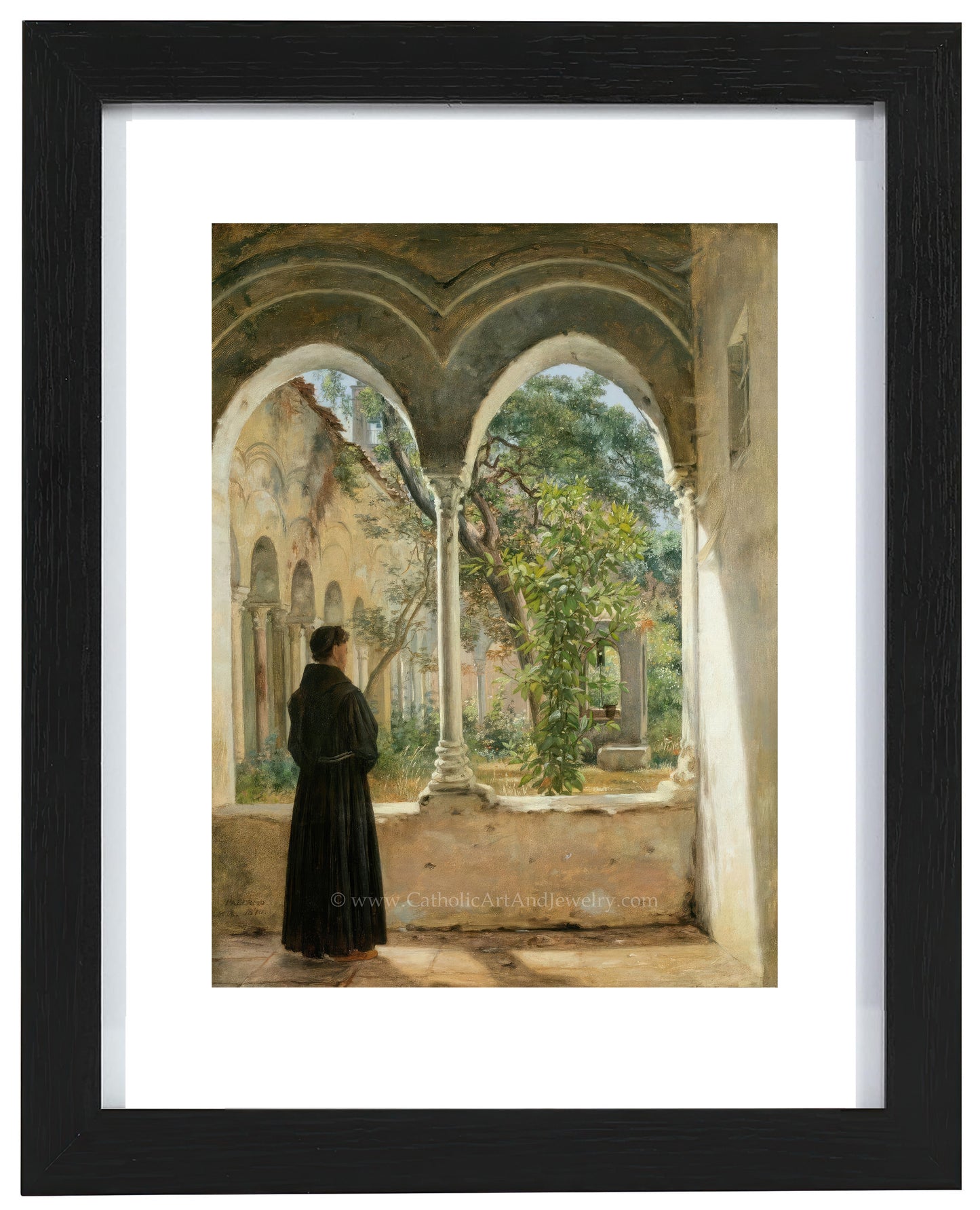 a painting of a woman standing in a courtyard