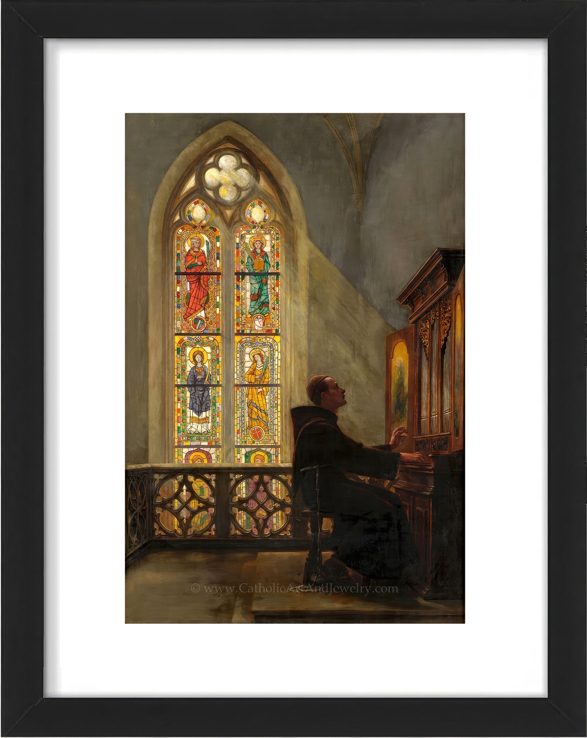 a painting of a man sitting in front of a stained glass window