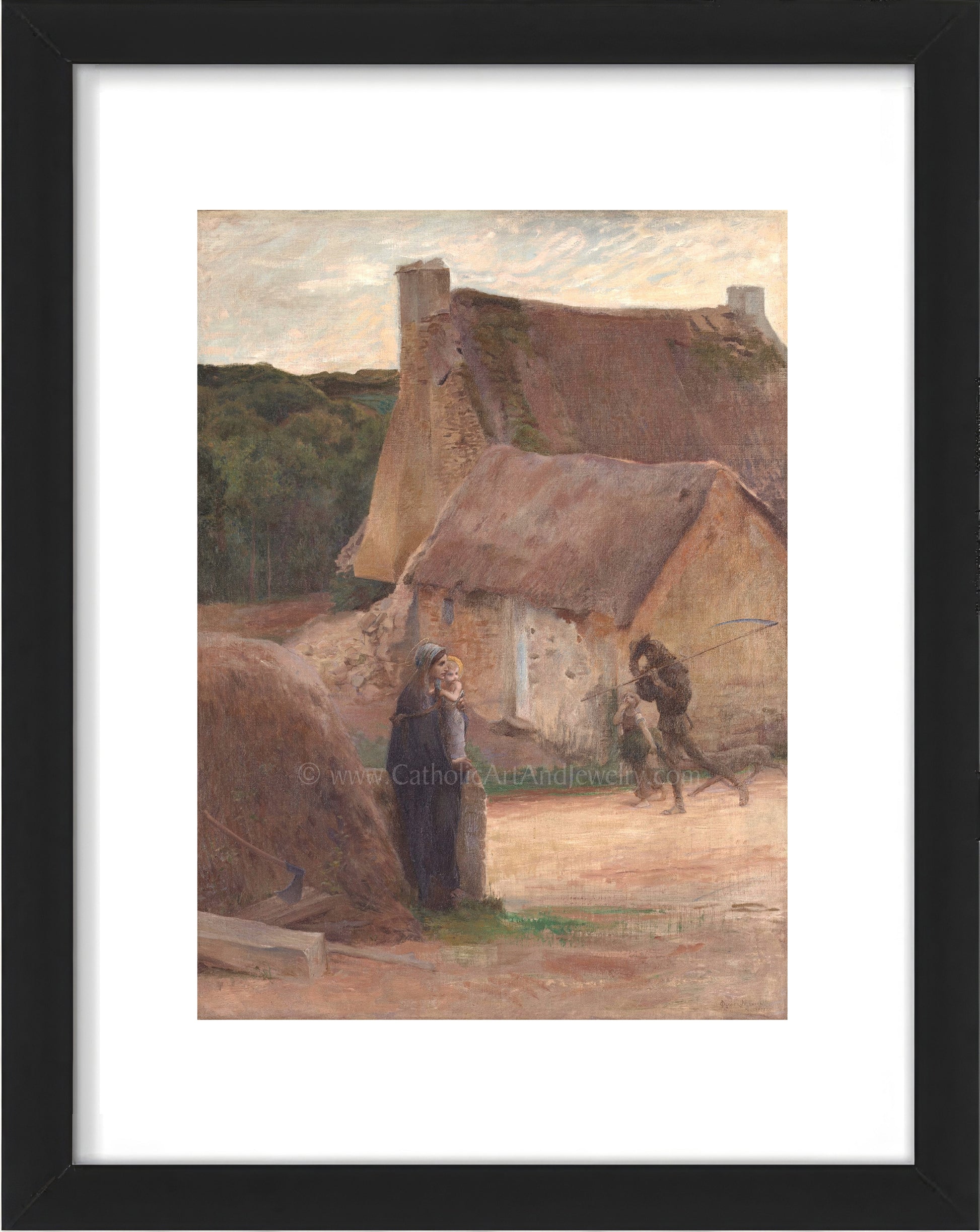 a painting of two people standing outside of a house