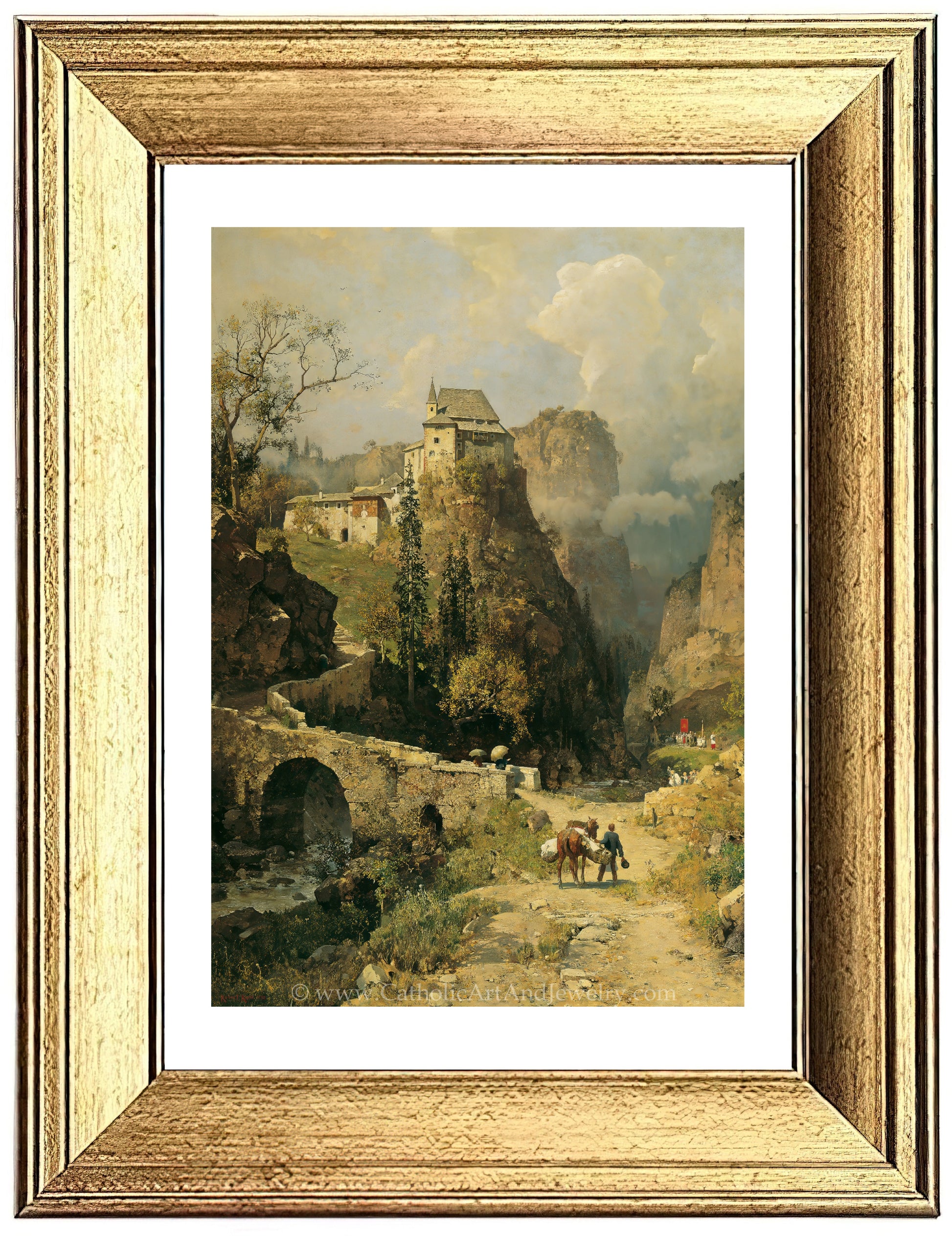 a painting of a mountain scene with a castle in the distance