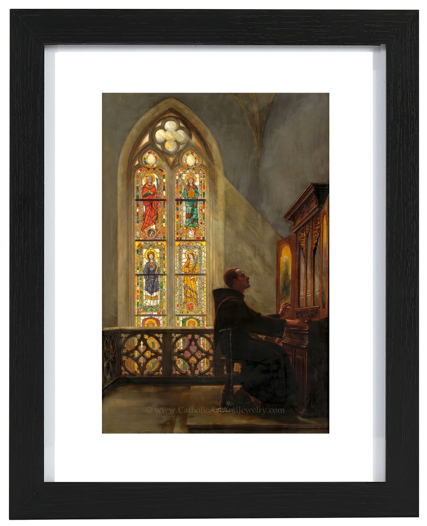 a painting of a man sitting in front of a stained glass window