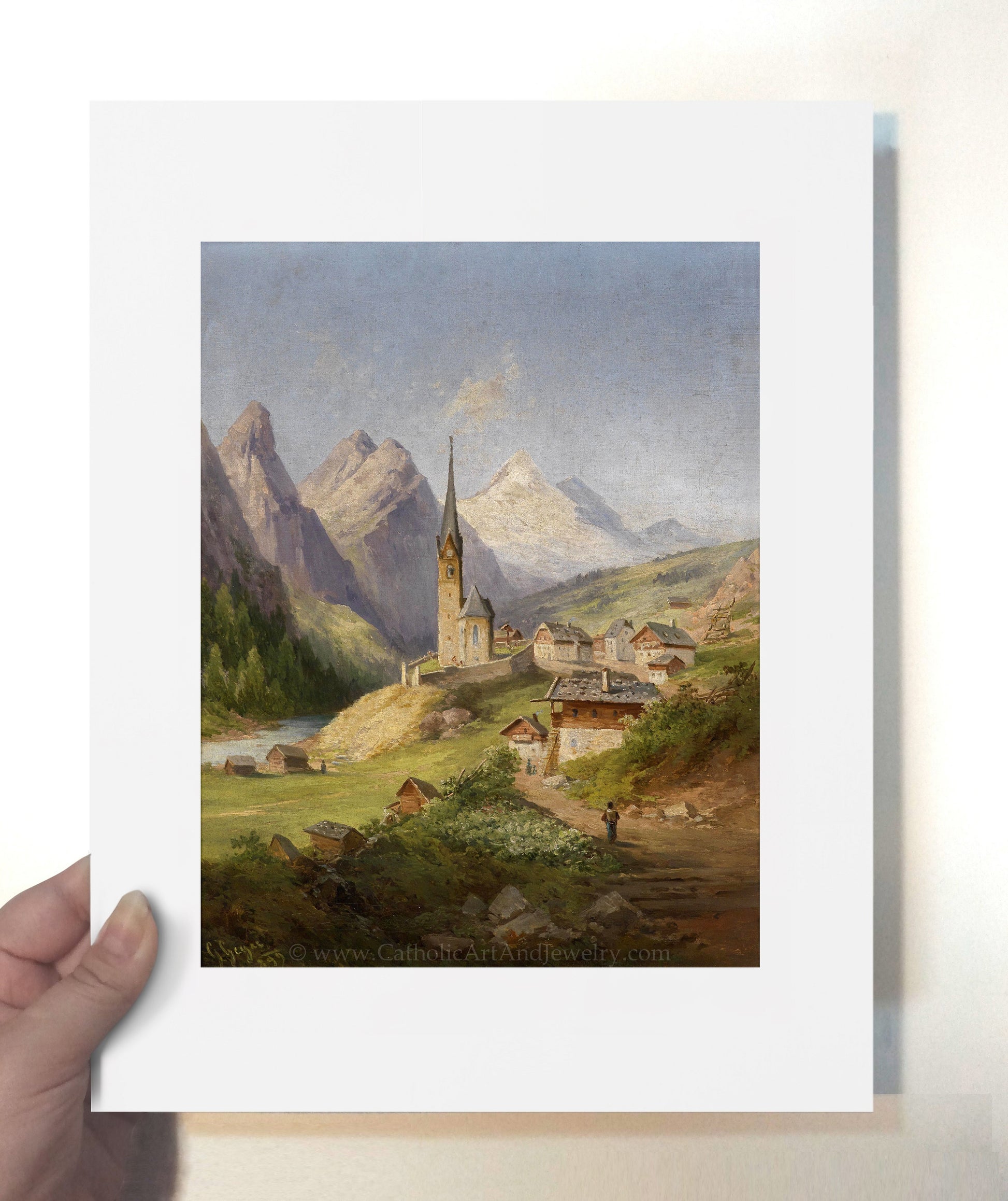 a painting of a village in the mountains