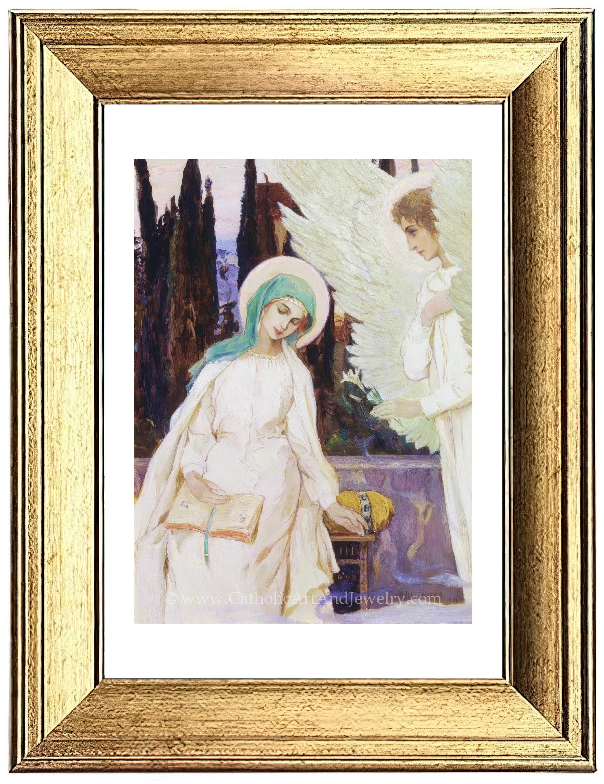 a painting of an angel standing next to a woman