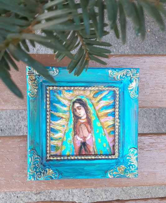 Our Lady of Guadalupe Art Print in One of a Kind Aqua Turquoise Blue and Gold Hand Painted Mini Frame