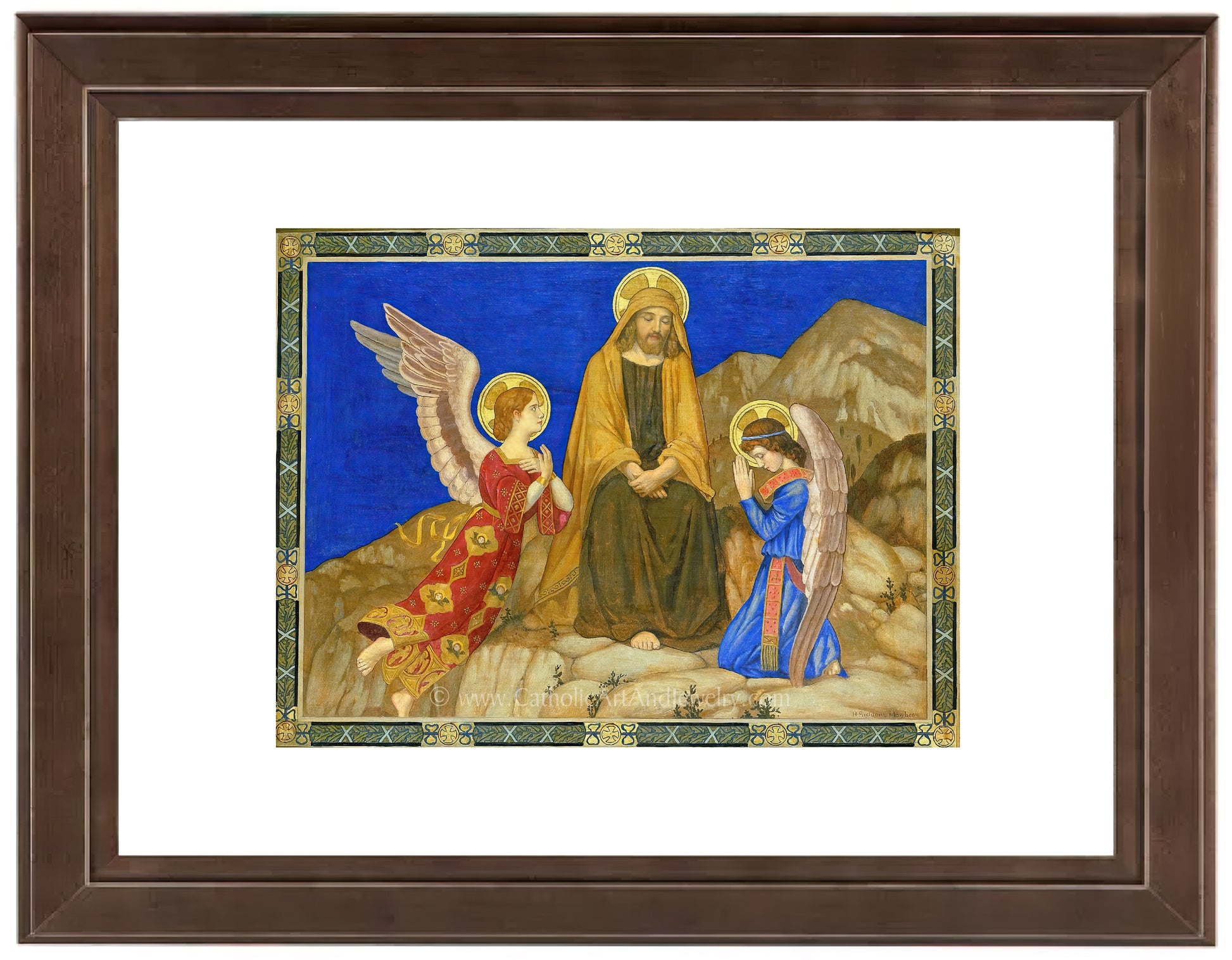 a painting of three angels sitting on top of a mountain