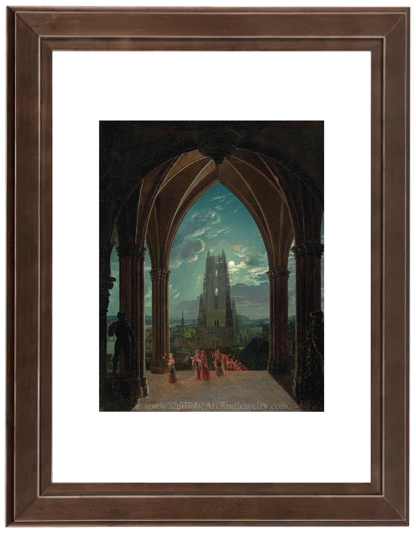 a painting of a cathedral with people walking through it