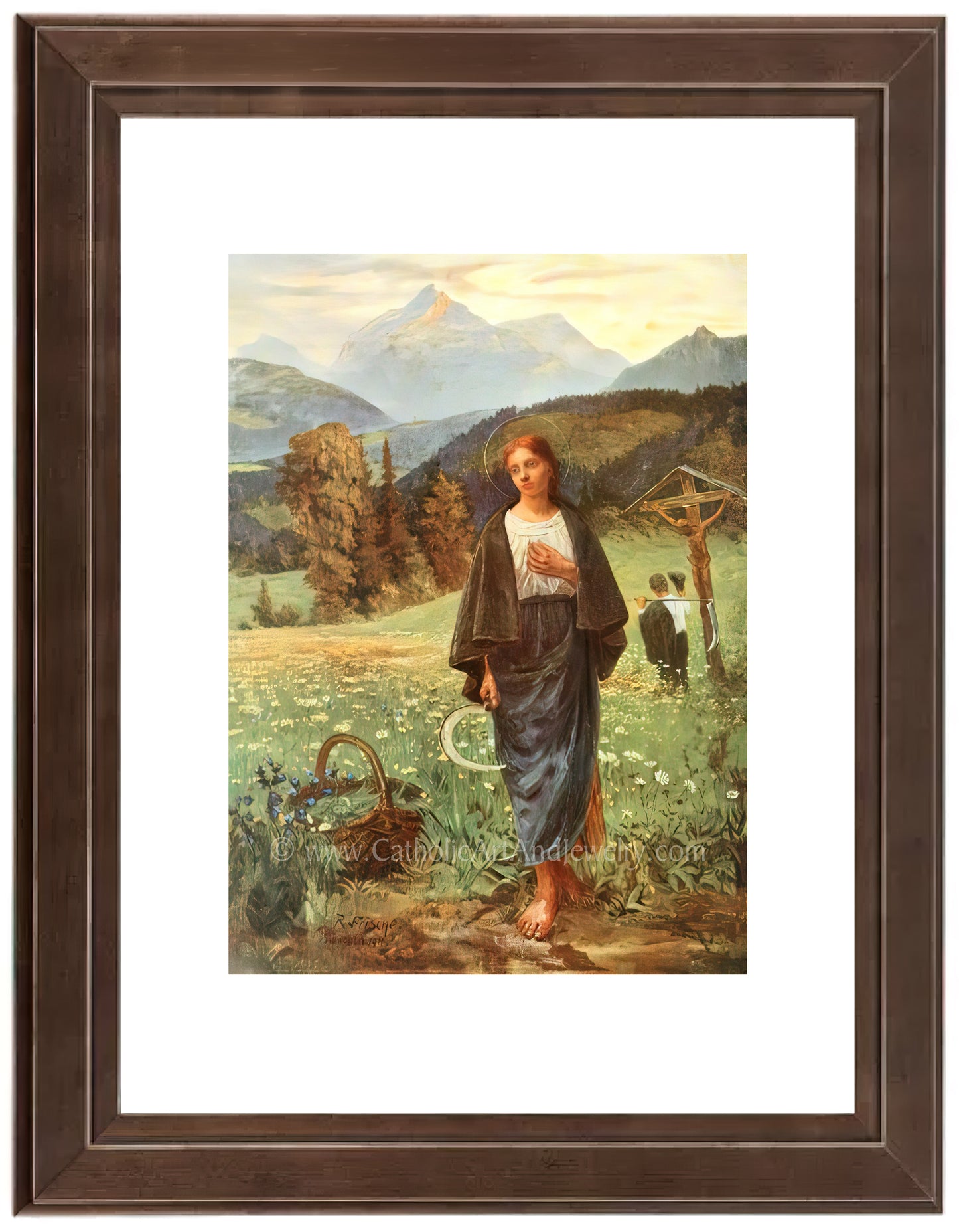 a painting of a woman standing in a field