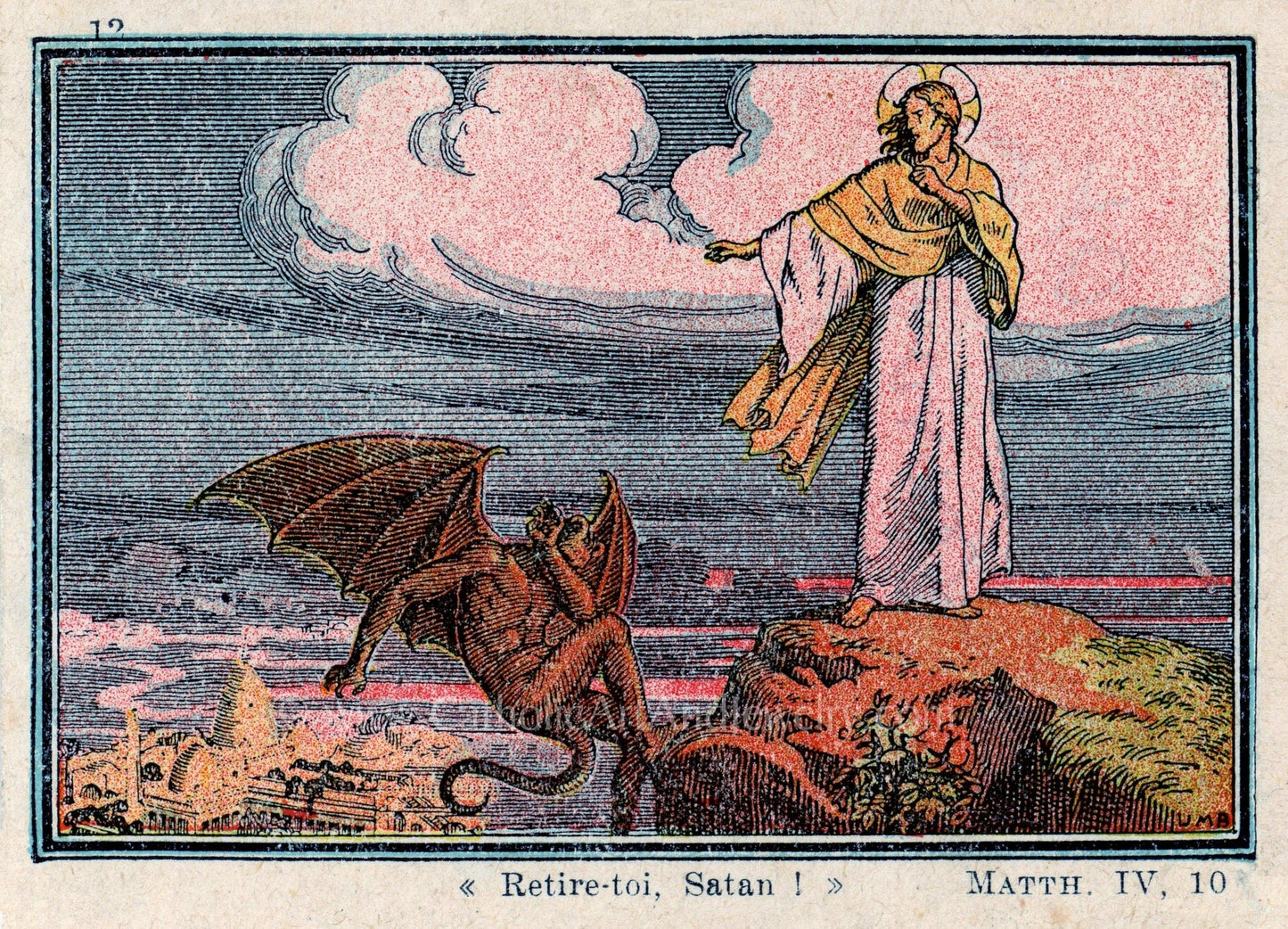 Begone Satan! – Jesus's Triumph Mathew 4:10 – based on a Vintage French Holy Card – Catholic Art Print - Catholic Art and Jewelry