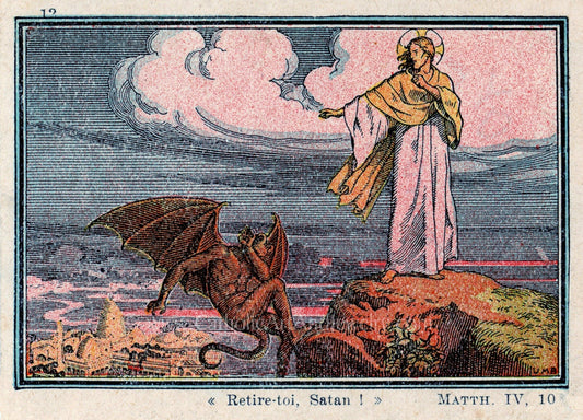 Begone Satan! – Jesus's Triumph Mathew 4:10 – based on a Vintage French Holy Card – Catholic Art Print - Catholic Art and Jewelry