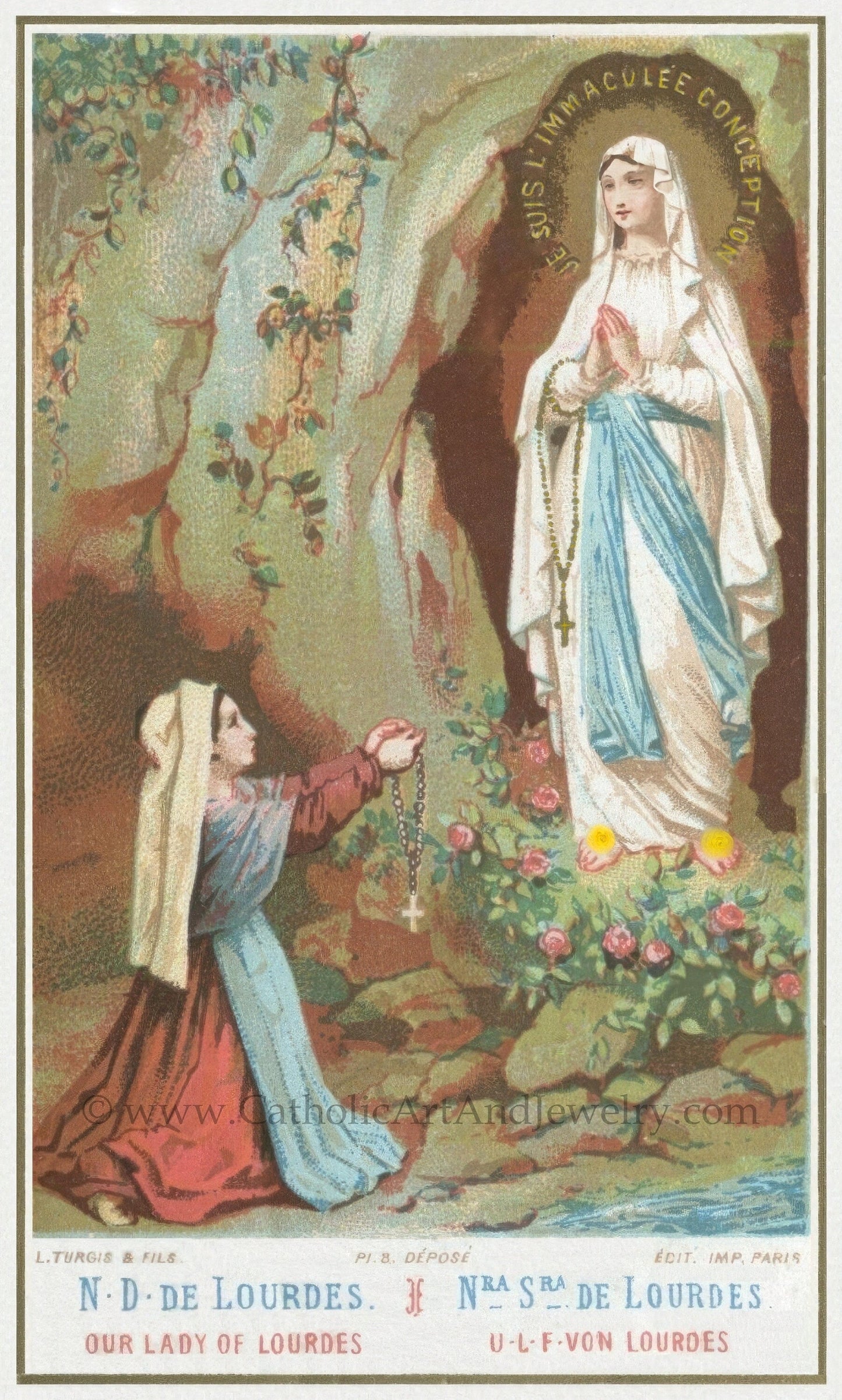 Bernadette and Our Lady of Lourdes – Based on a Vintage Holy Card – Catholic Art Print – Archival Quality - Catholic Art and Jewelry