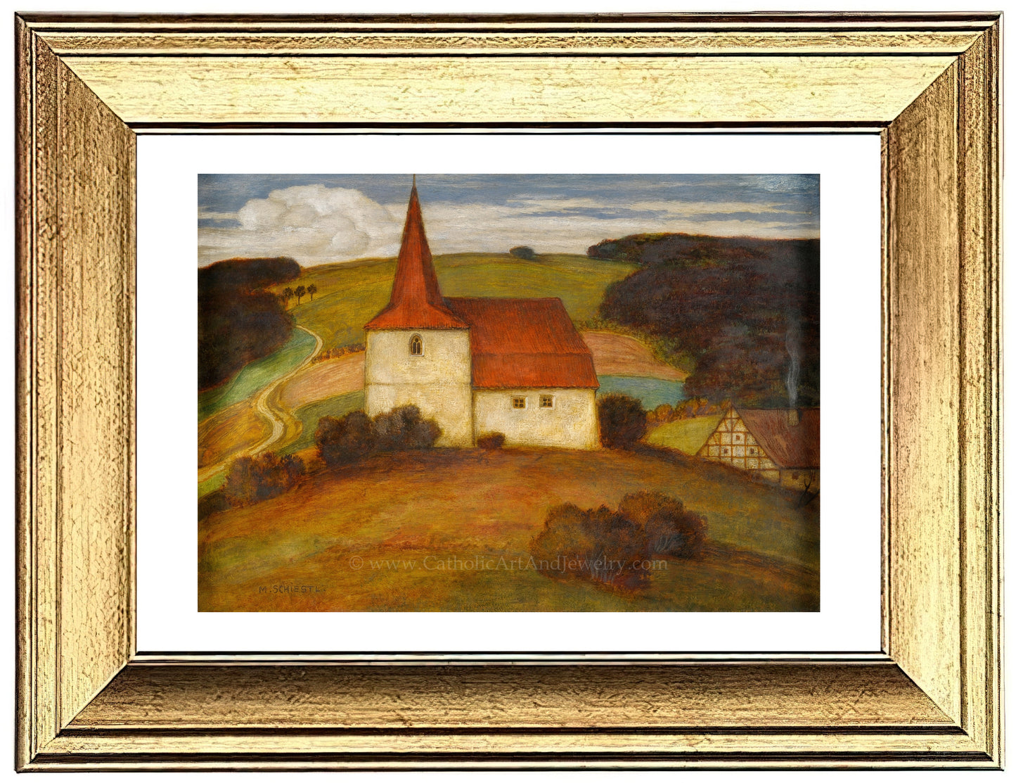 a painting of a church on a hill