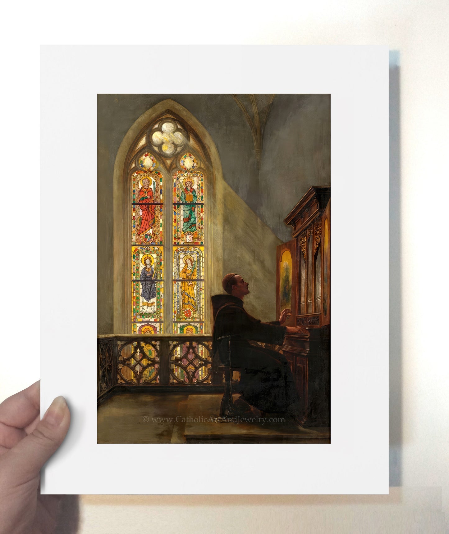 a painting of a man playing a piano in front of a stained glass window