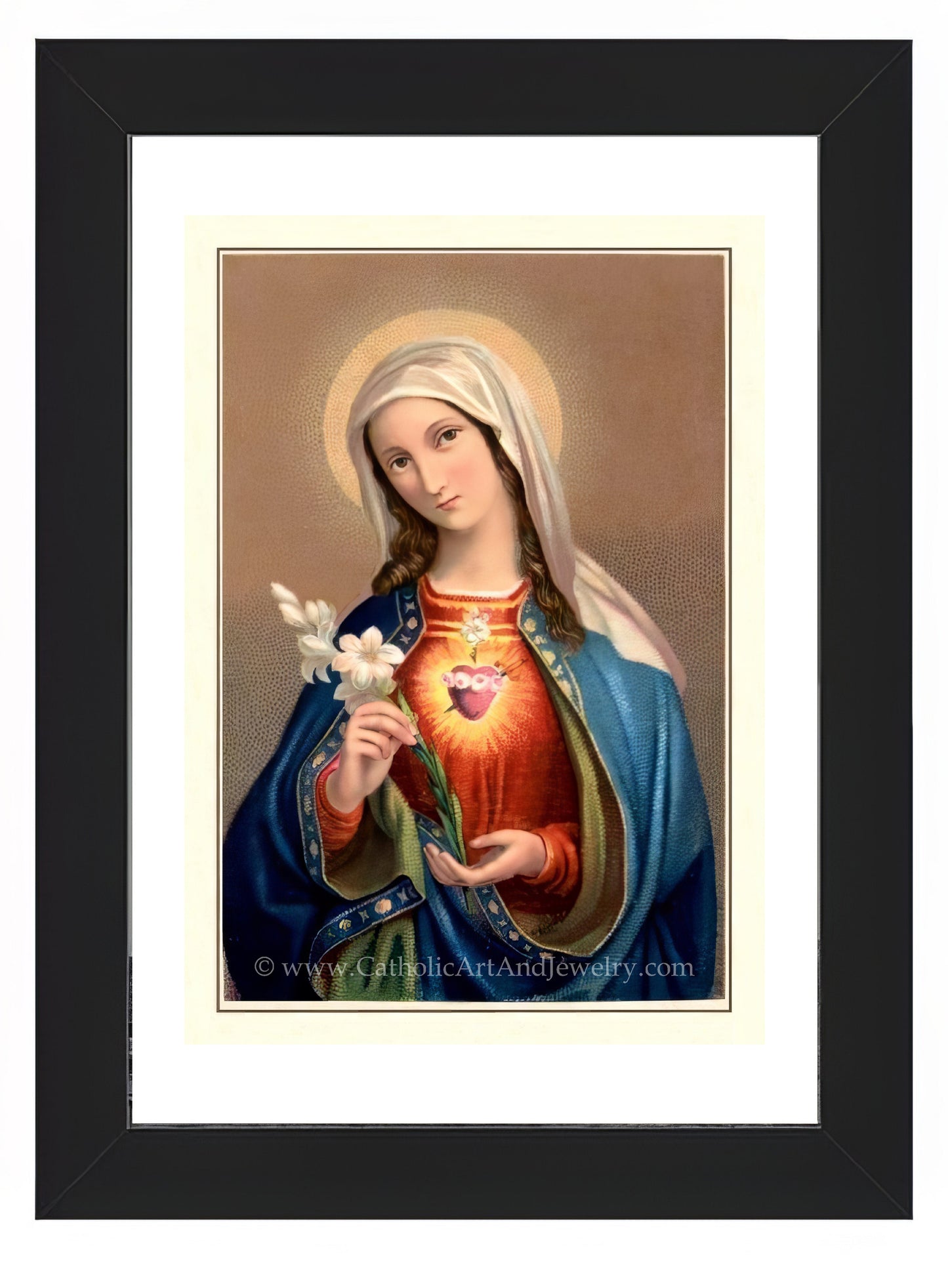 a painting of the virgin mary holding a flower