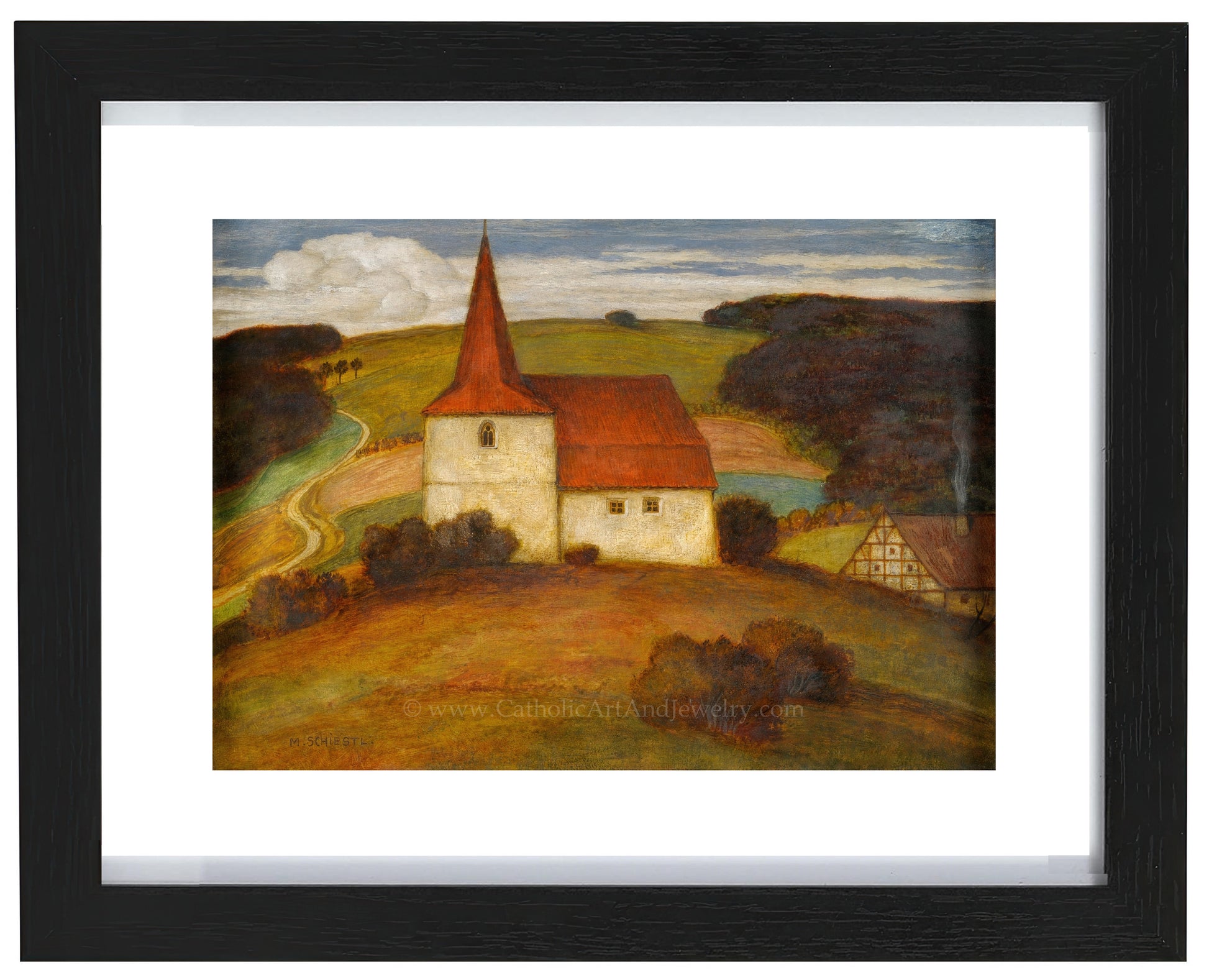 a painting of a church on a hill