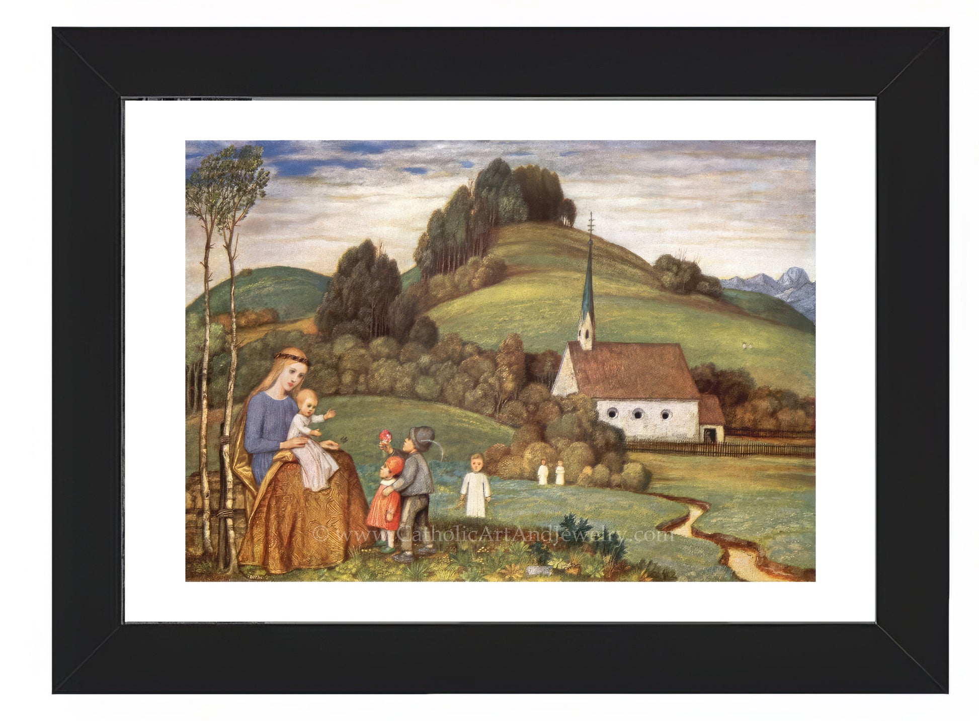 a painting of a family on a hill