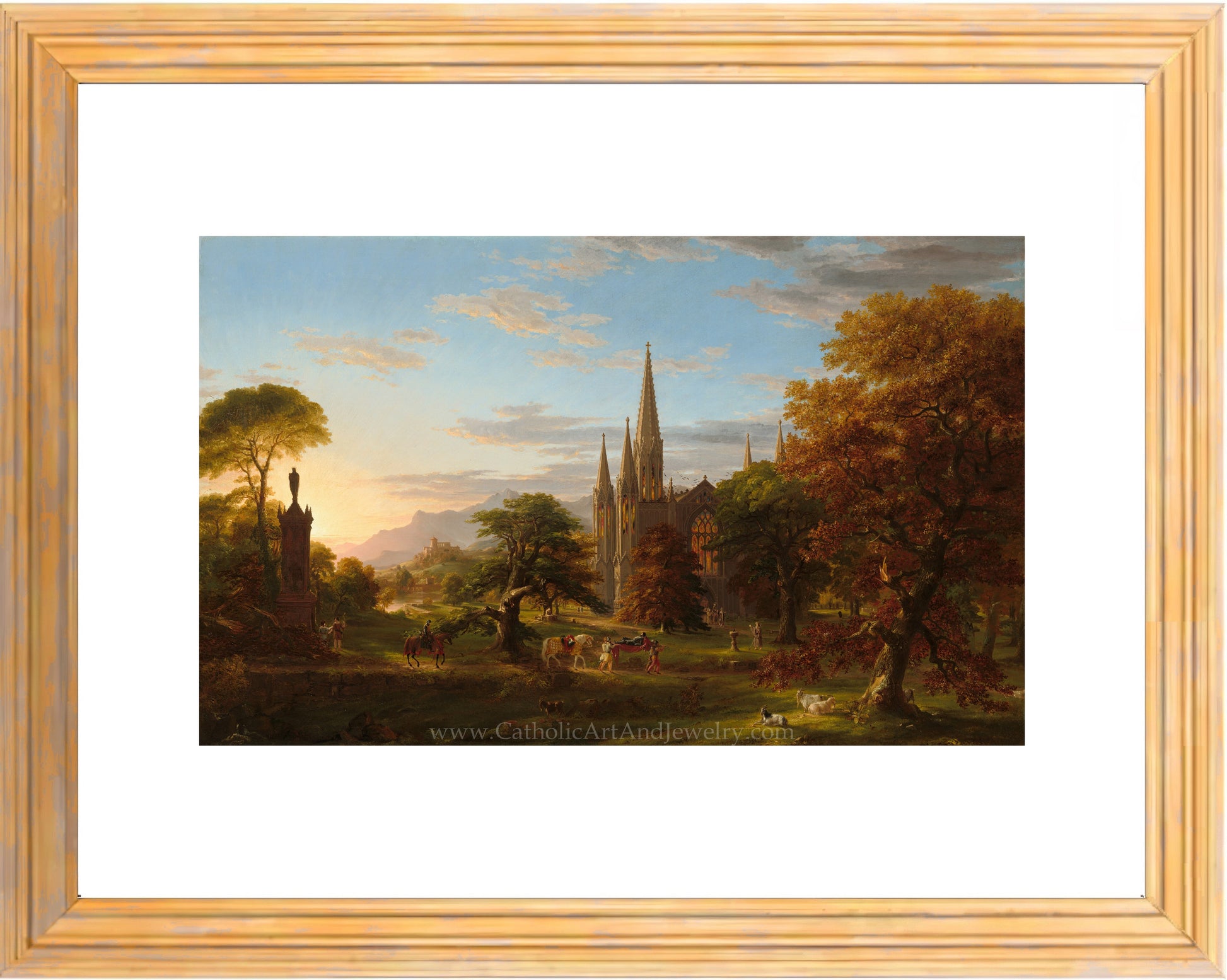 a painting of a landscape with a church in the background