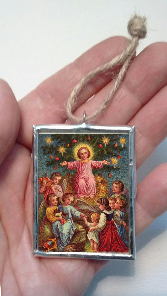 Christmas with Jesus – Victorian Christmas Ornament –Jesus in the Manager with the Christmas Tree – Based on a Vintage Holy Card - Catholic Art and Jewelry