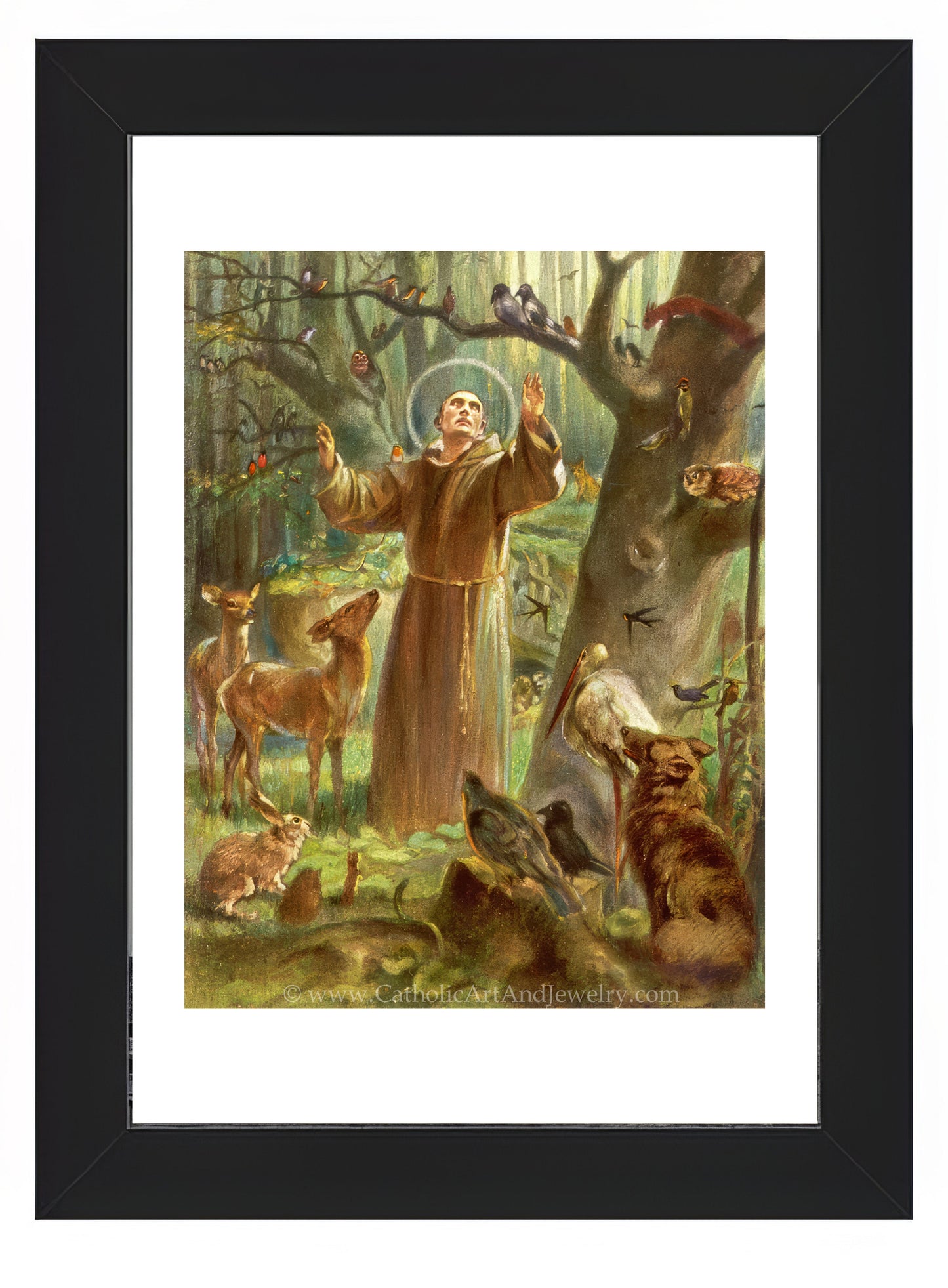 a painting of a man in a forest surrounded by animals