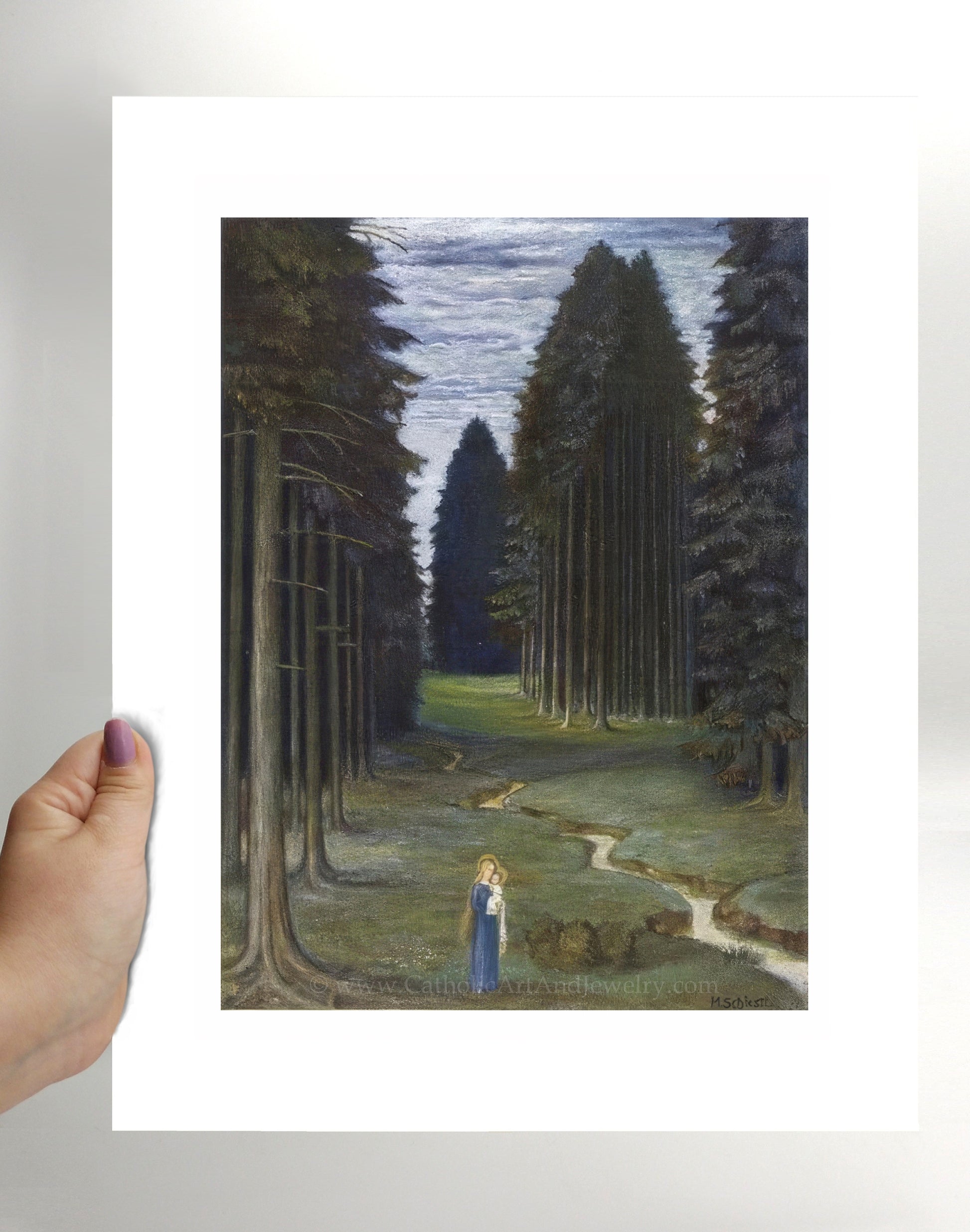 a painting of a person standing in a forest