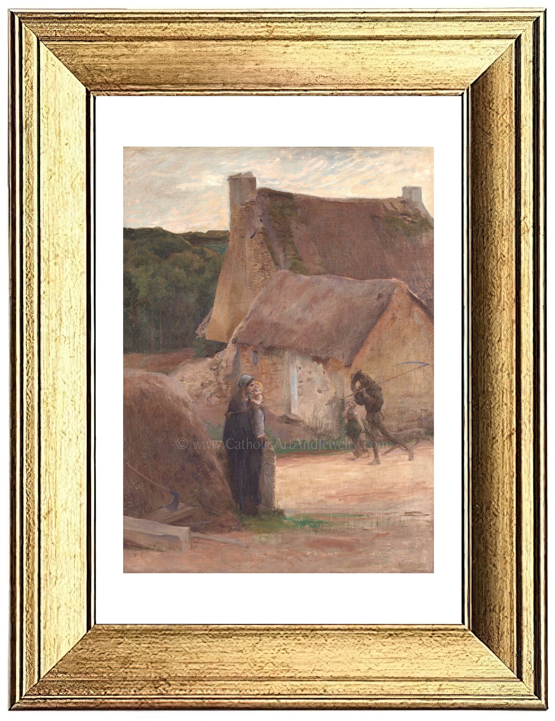 a painting of a man standing in front of a thatched house