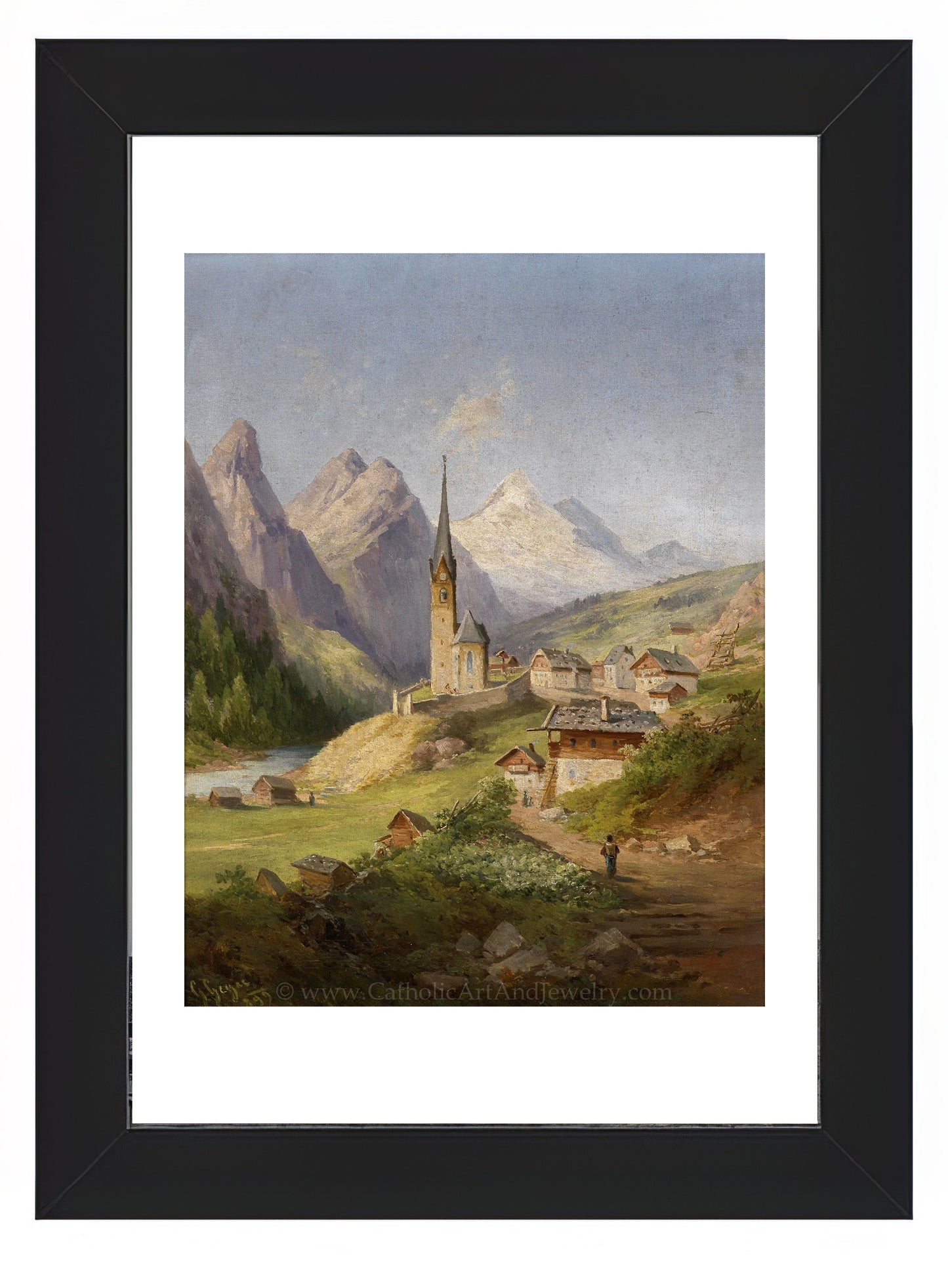 a painting of a village with mountains in the background