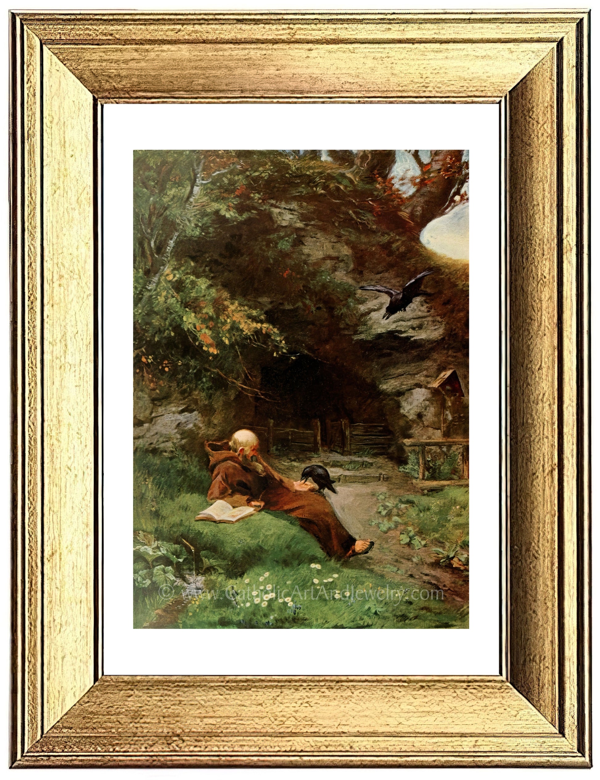 a painting of a man and a dog in a wooded area