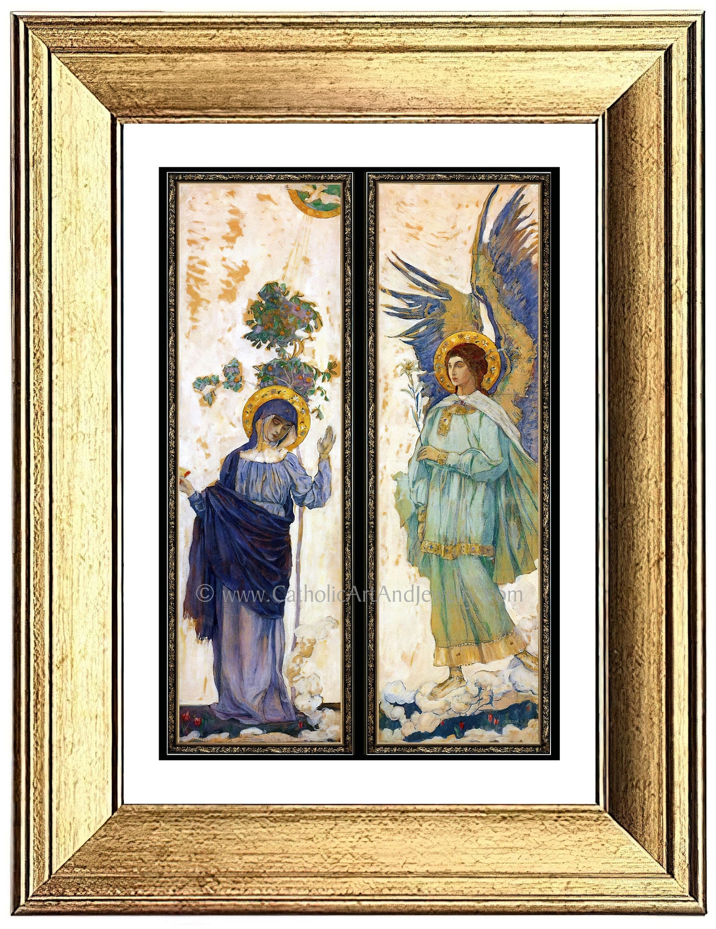 a painting of two angels in a gold frame