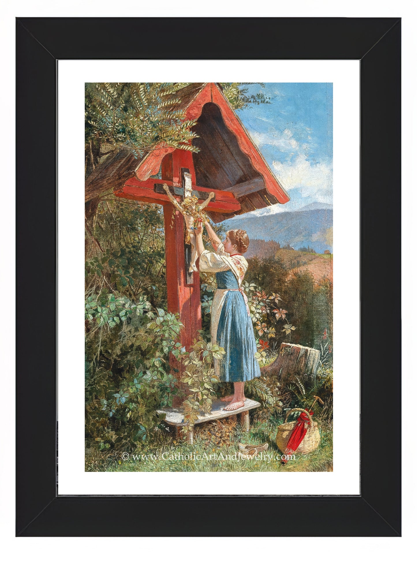 a painting of a woman carrying a cross