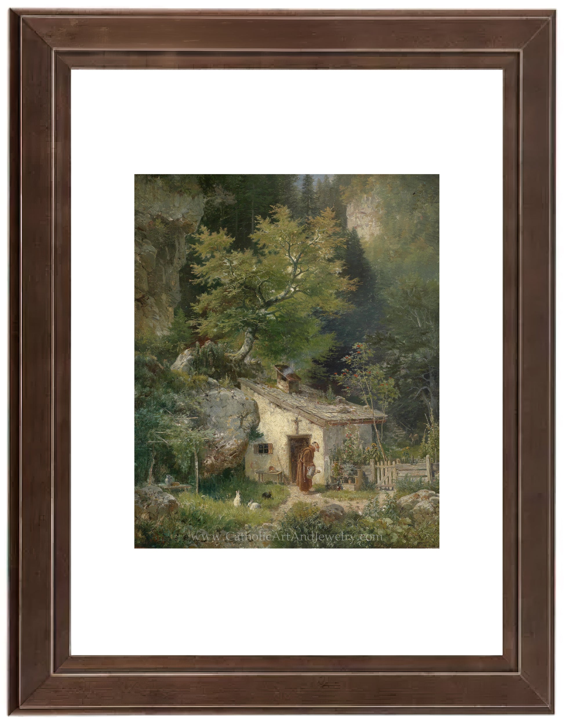 a painting of a cottage in the woods