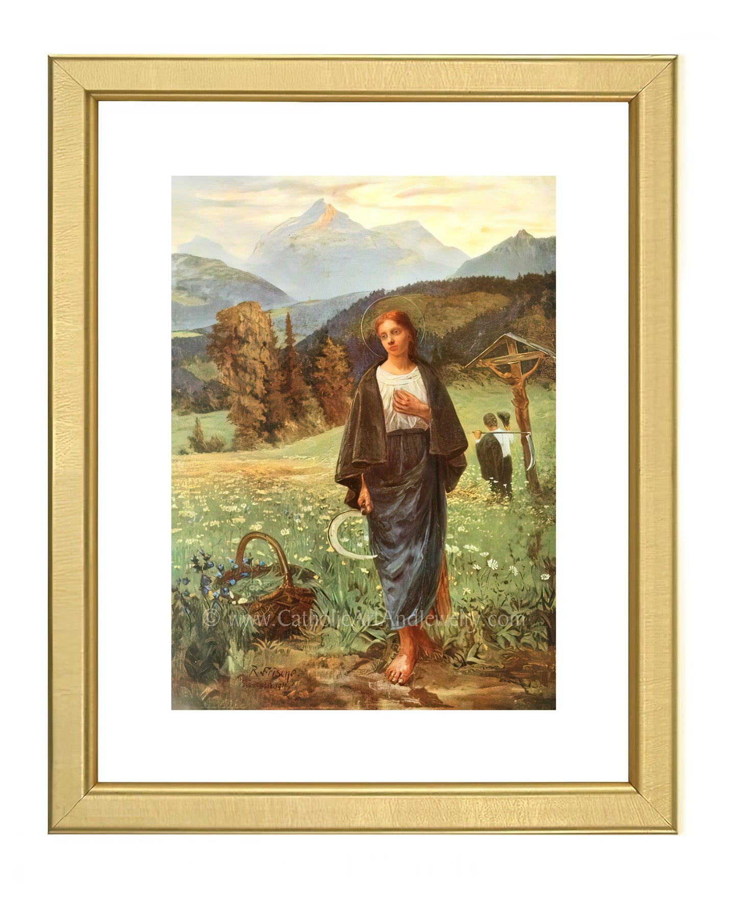 a painting of a woman standing in a field