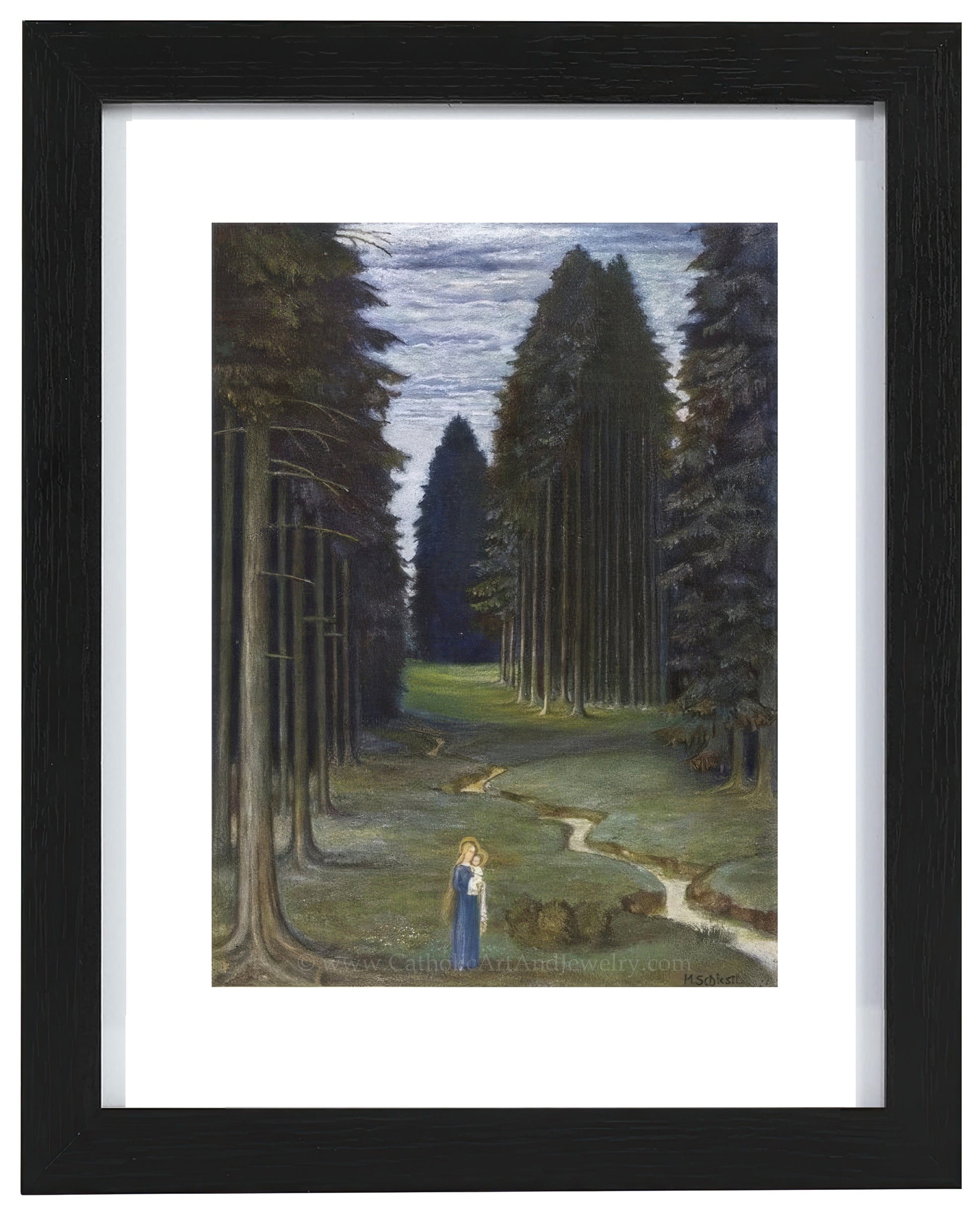 a painting of a woman standing in the middle of a forest