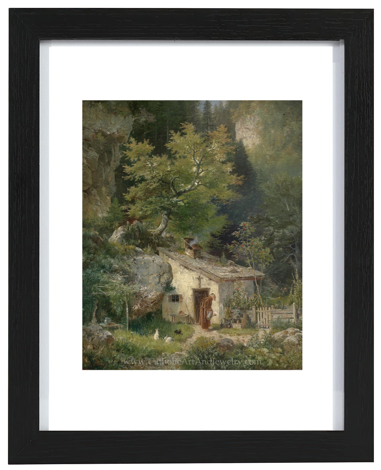 a painting of a cottage in the woods