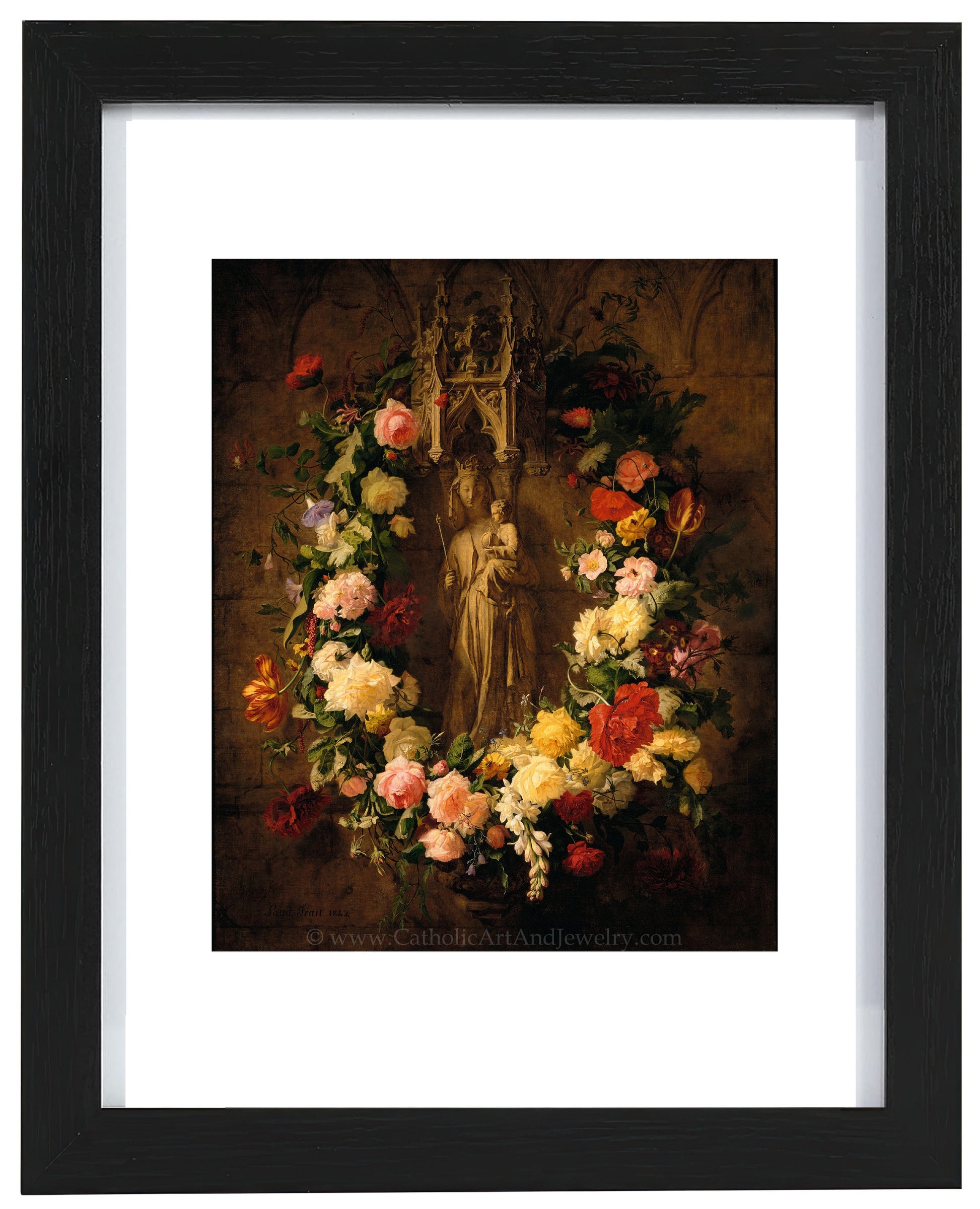 a painting of a woman holding a cross surrounded by flowers