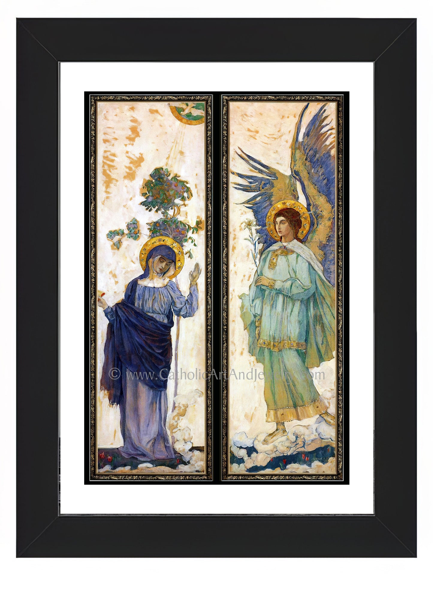 a painting of two angels standing next to each other