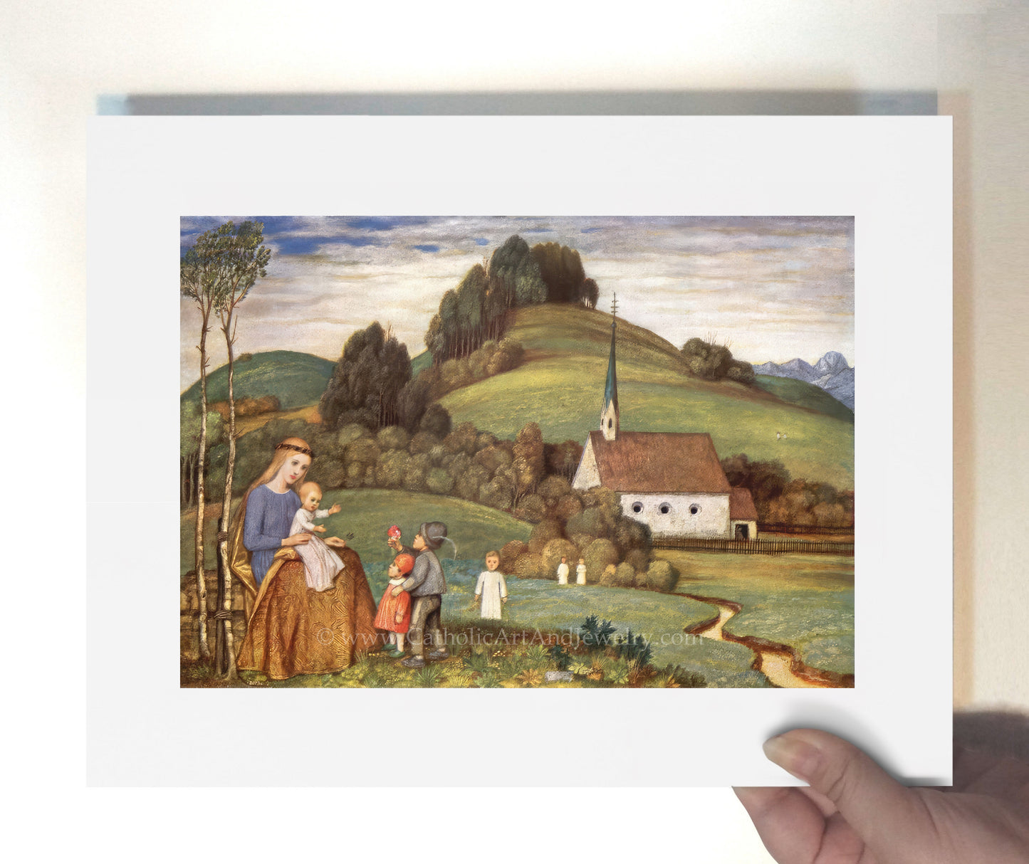 a painting of a family on a farm with a church in the background