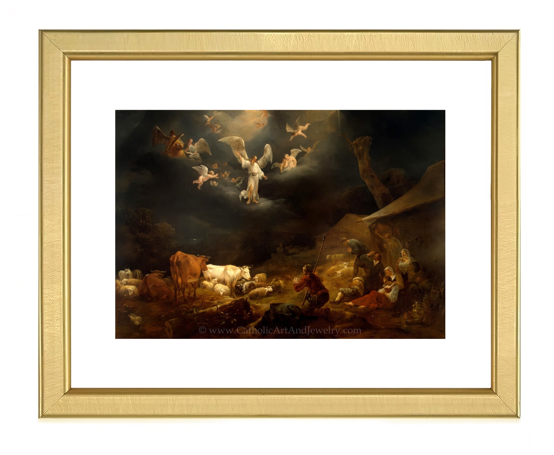 a painting of a nativity scene with angels and sheep