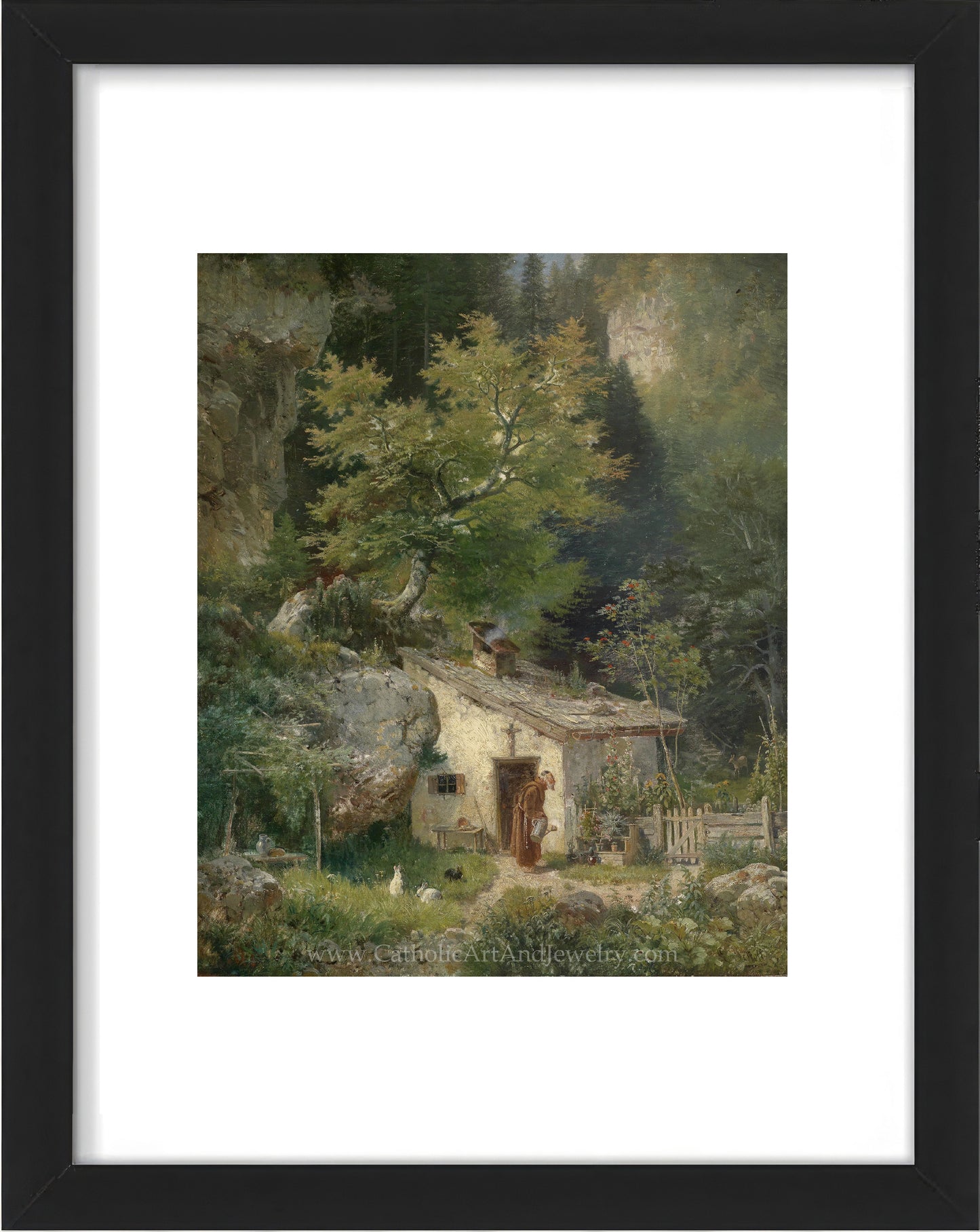 a painting of a cottage in the woods