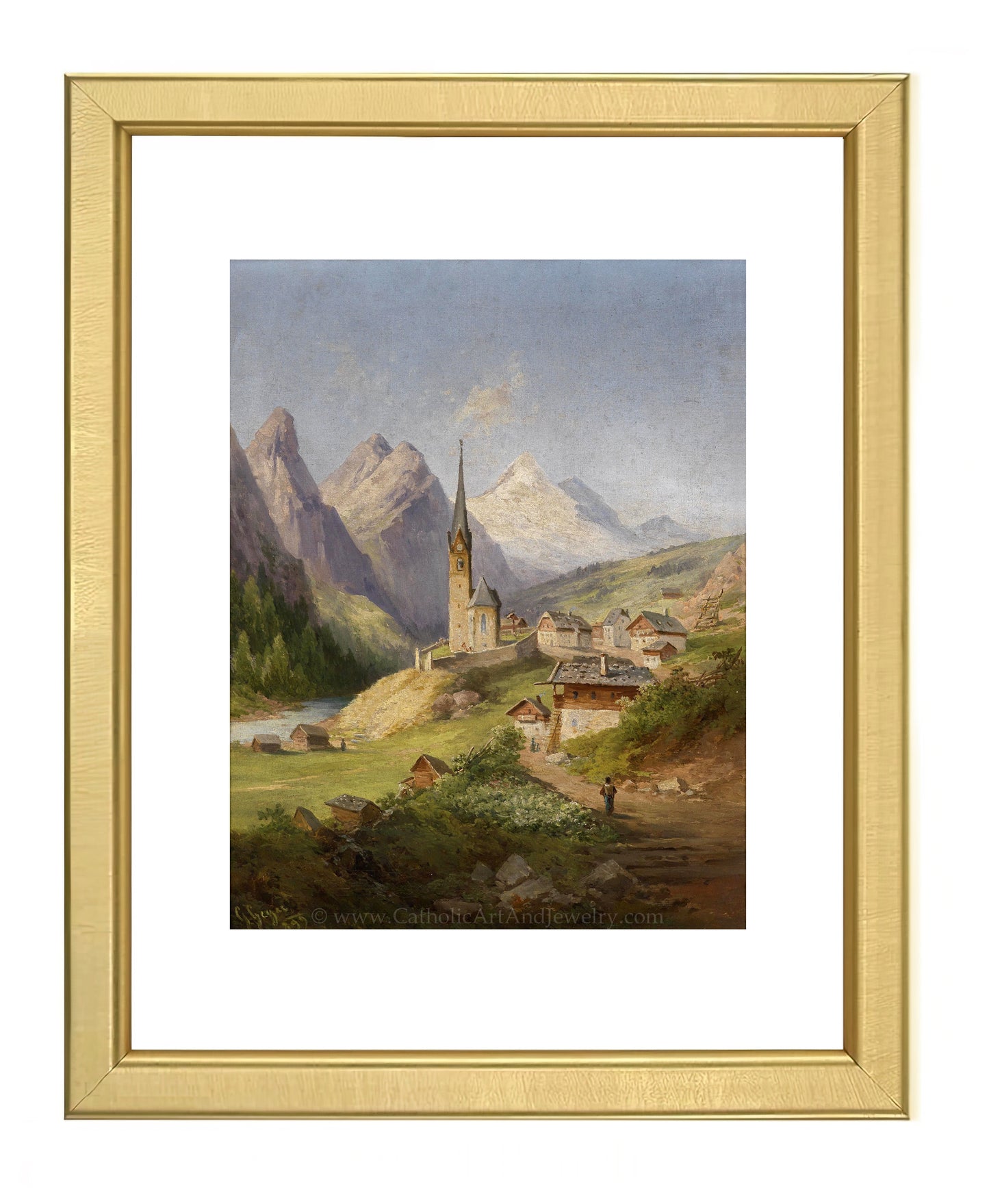 a painting of a village in the mountains