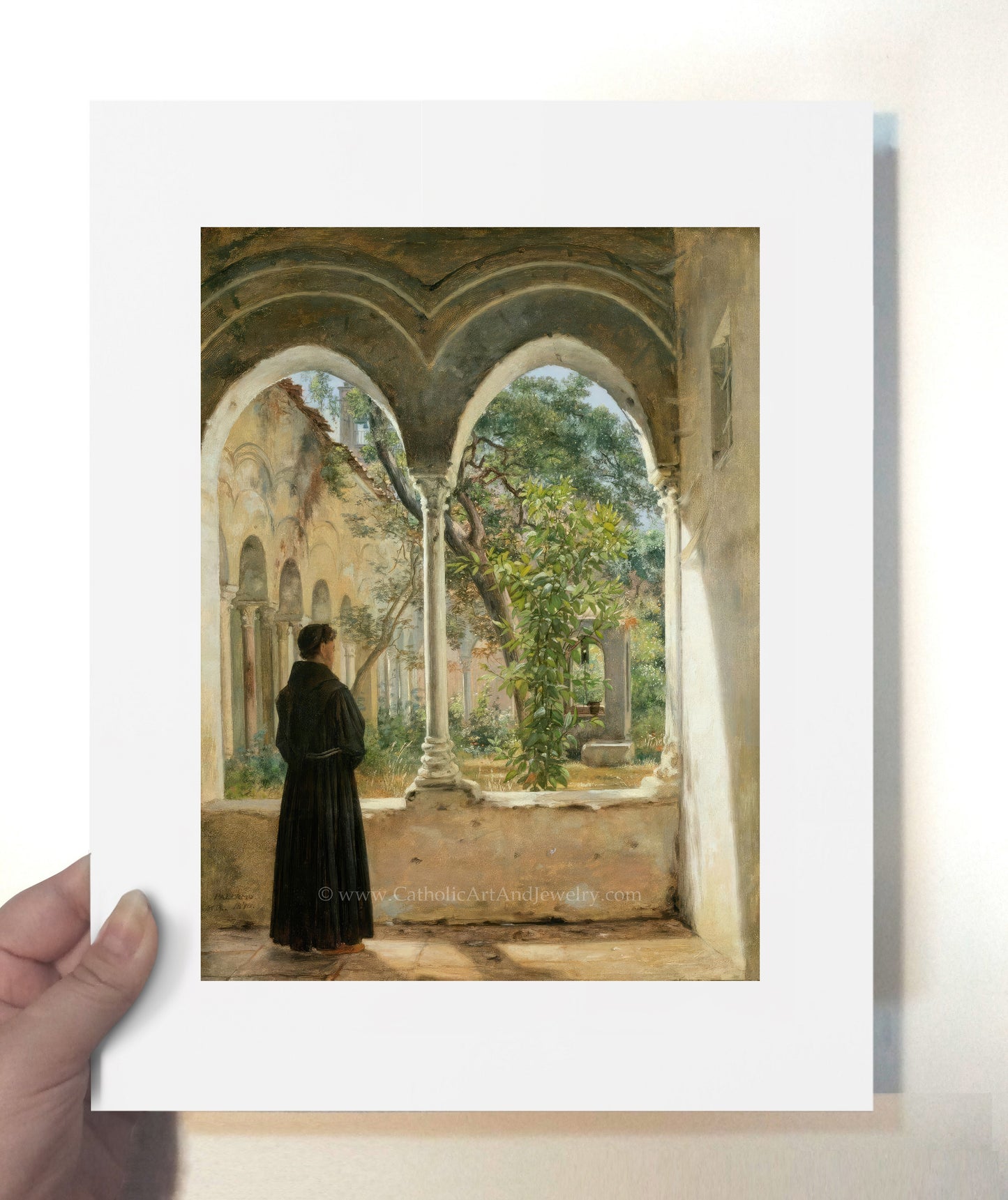 a painting of a woman standing in a courtyard