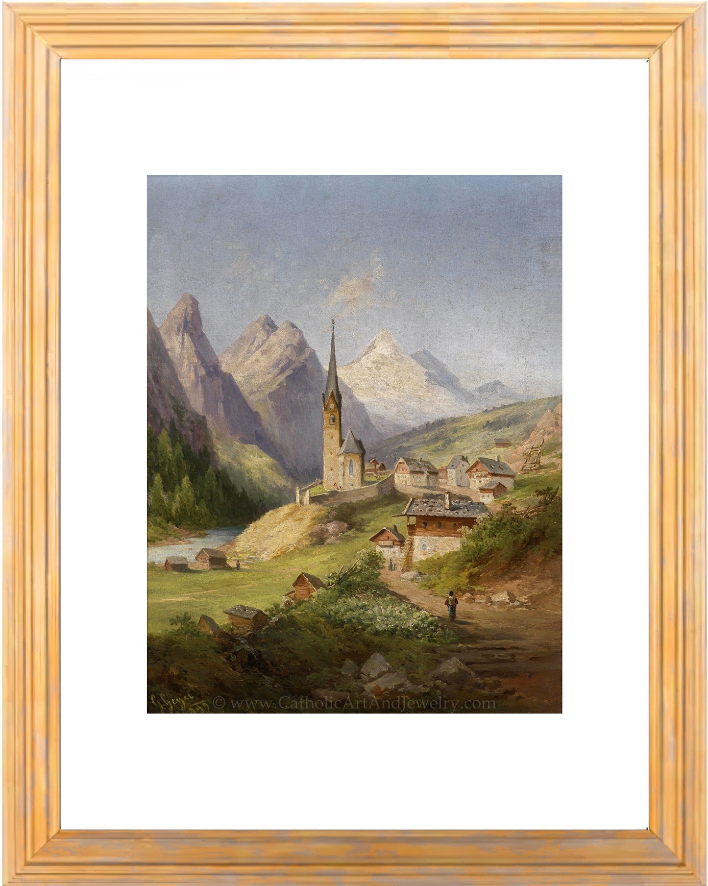 a painting of a village in the mountains