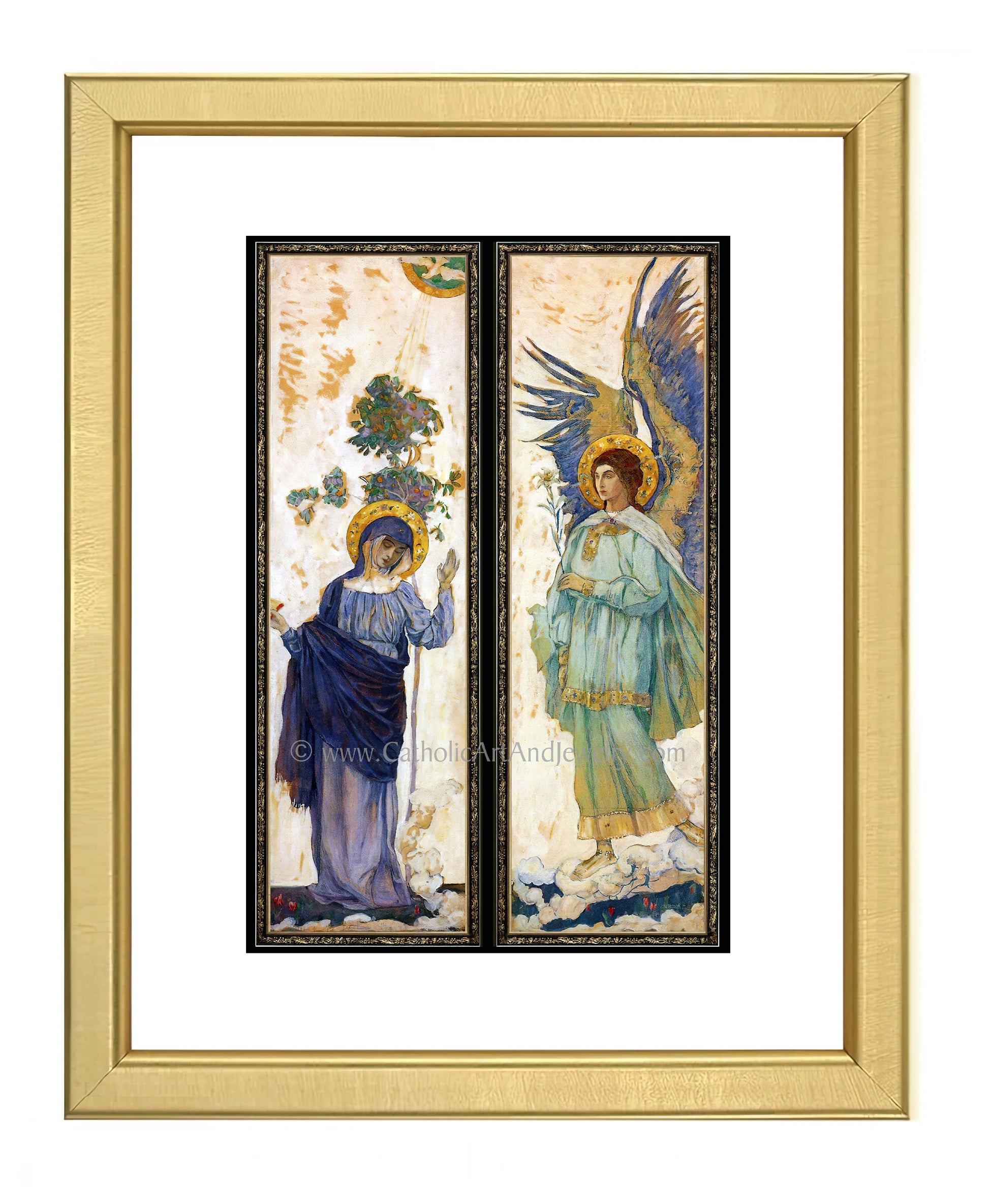 a painting of two angels standing next to each other