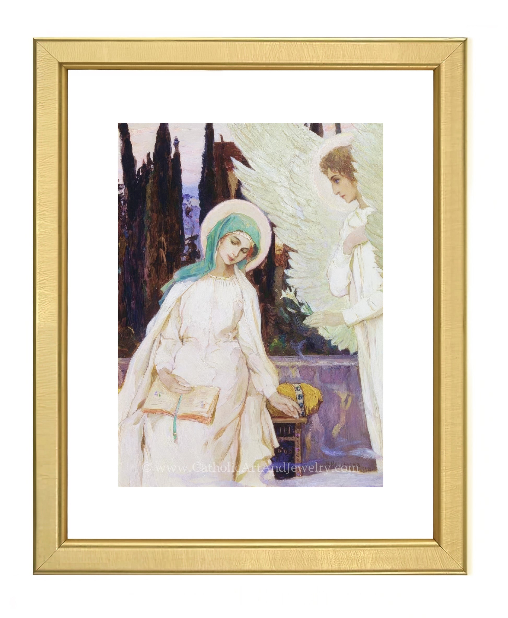 a painting of an angel standing next to a woman