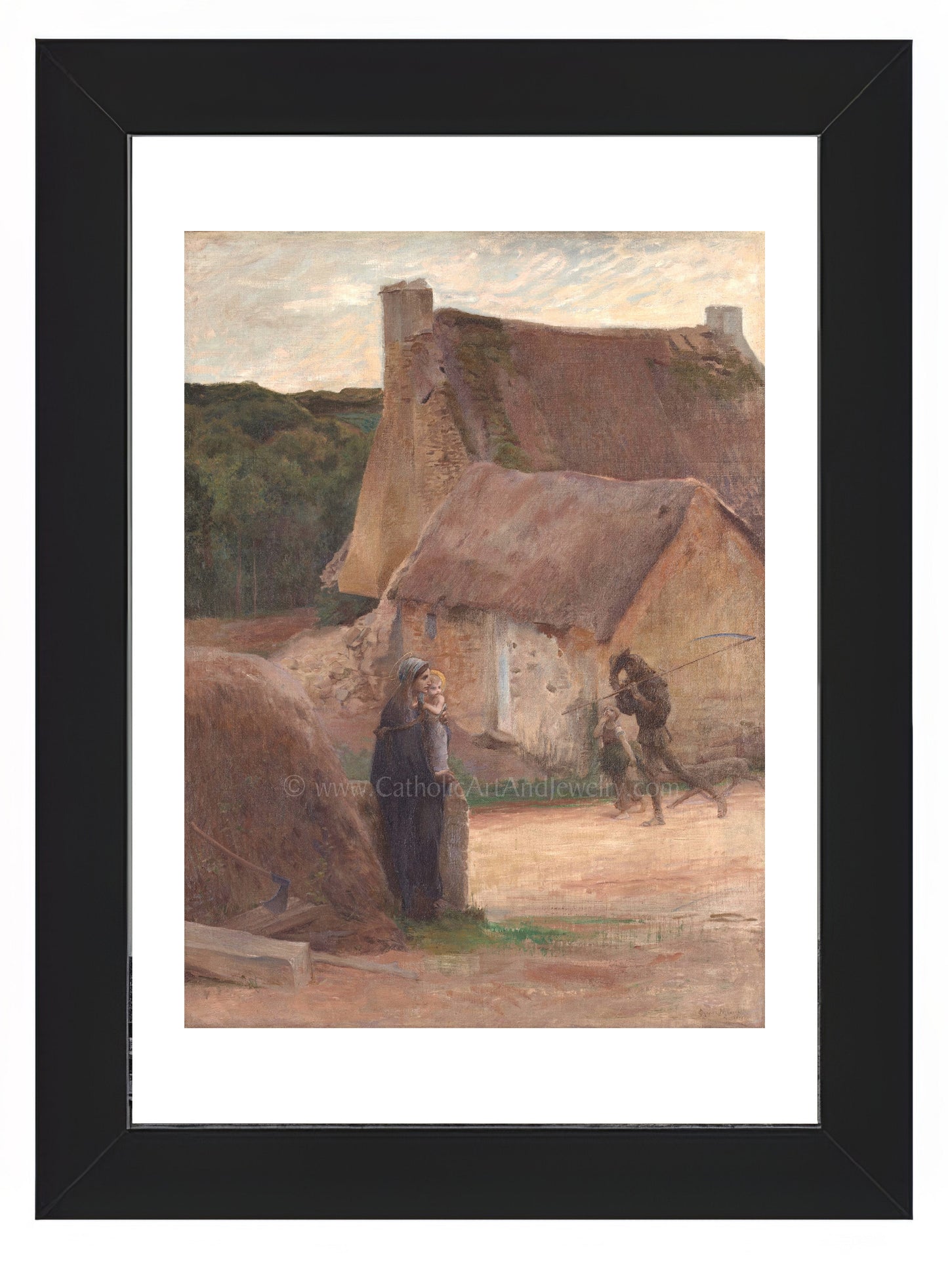 a painting of a man standing in front of a thatched house